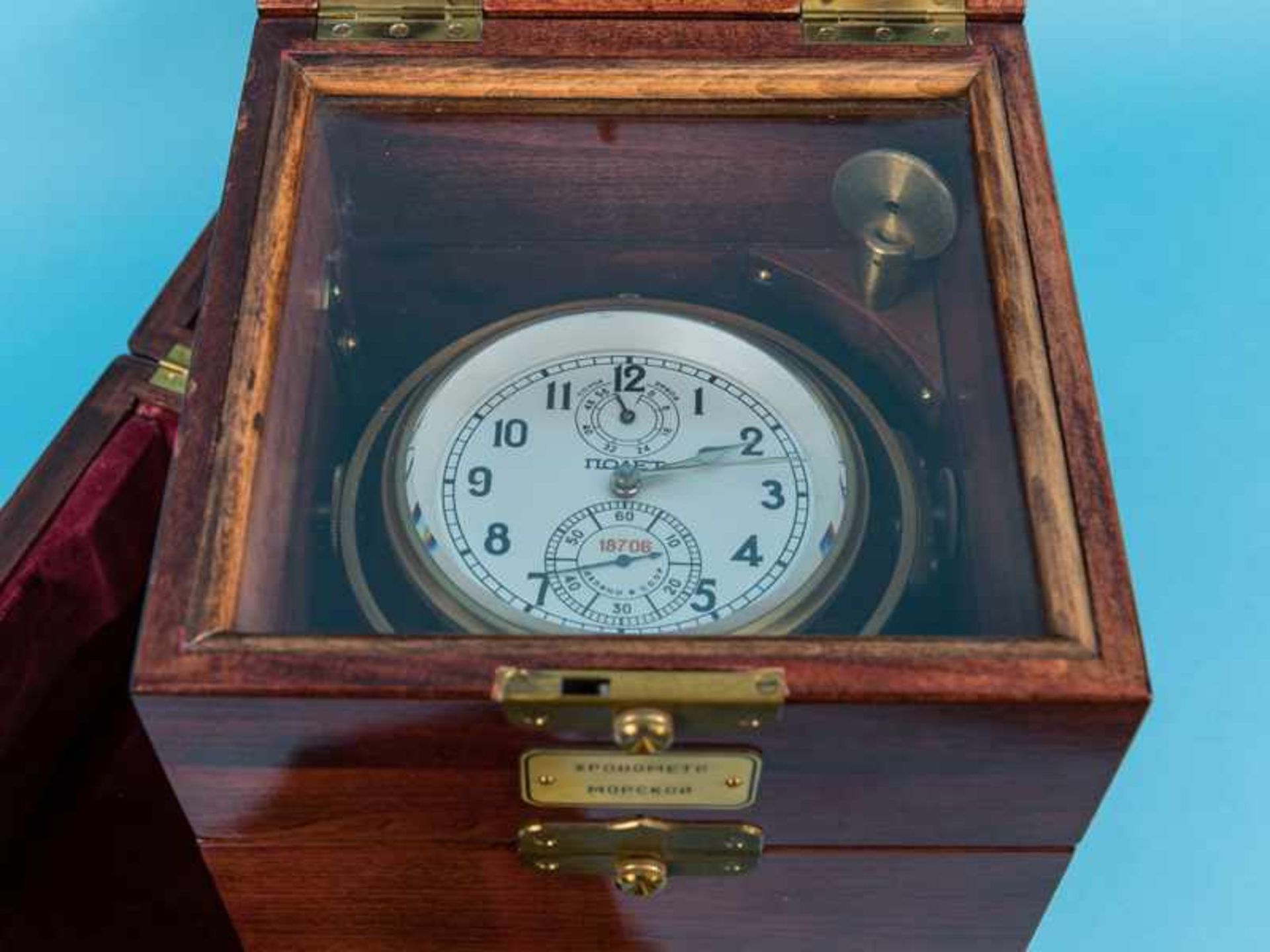 Poljot-Marine-Chronometer in zweifachem Holzgehäuse, Rußland (Sowjetunion), Mitte 20. Jh. Messing - Bild 10 aus 15