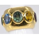 Massiver, breiter Ring mit 6 verschiedenen Farbsteinen, Goldschmiedearbeit, bezeichnet Jel, 90-er