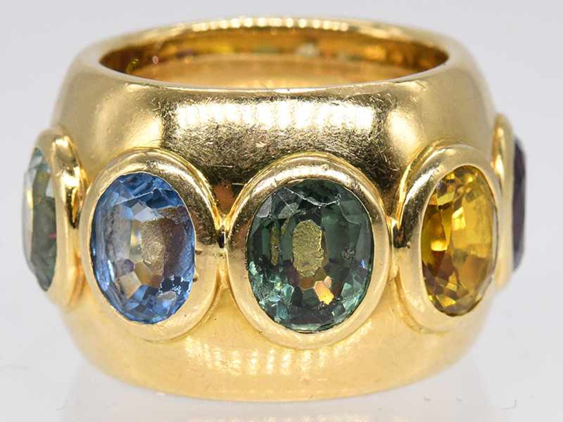 Massiver, breiter Ring mit 6 verschiedenen Farbsteinen, Goldschmiedearbeit, bezeichnet Jel, 90-er - Bild 6 aus 7