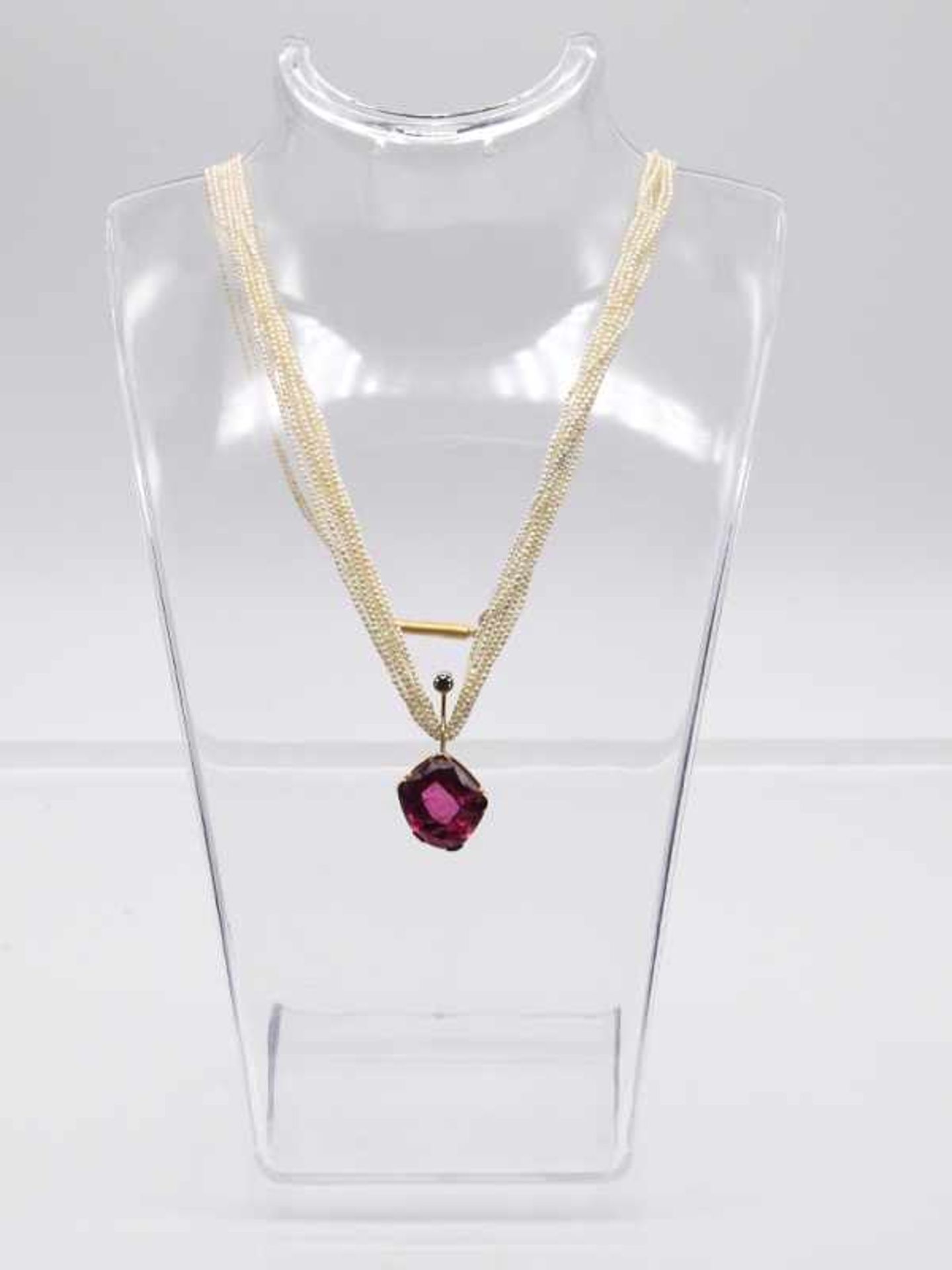 7 reihiges Collier mit Keshi-Perlen, pinkfarbenem Turmalin (Rubelith) und Brillant ca. 0,1 ct, - Image 2 of 5