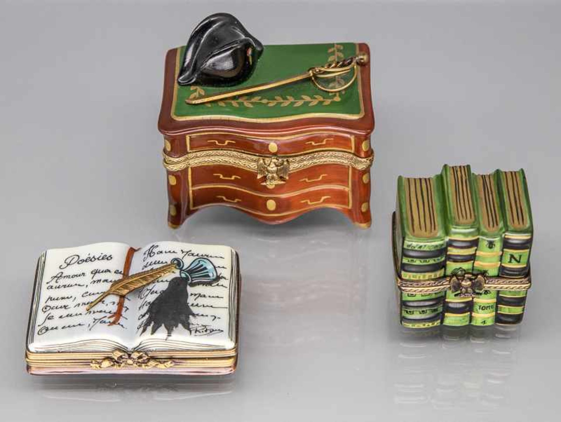 3 Sammler-Miniaturdeckeldosen ("Bücher"/"Kommode Napoleon"), Gerard Ribiere, Limoges/Frankreich,