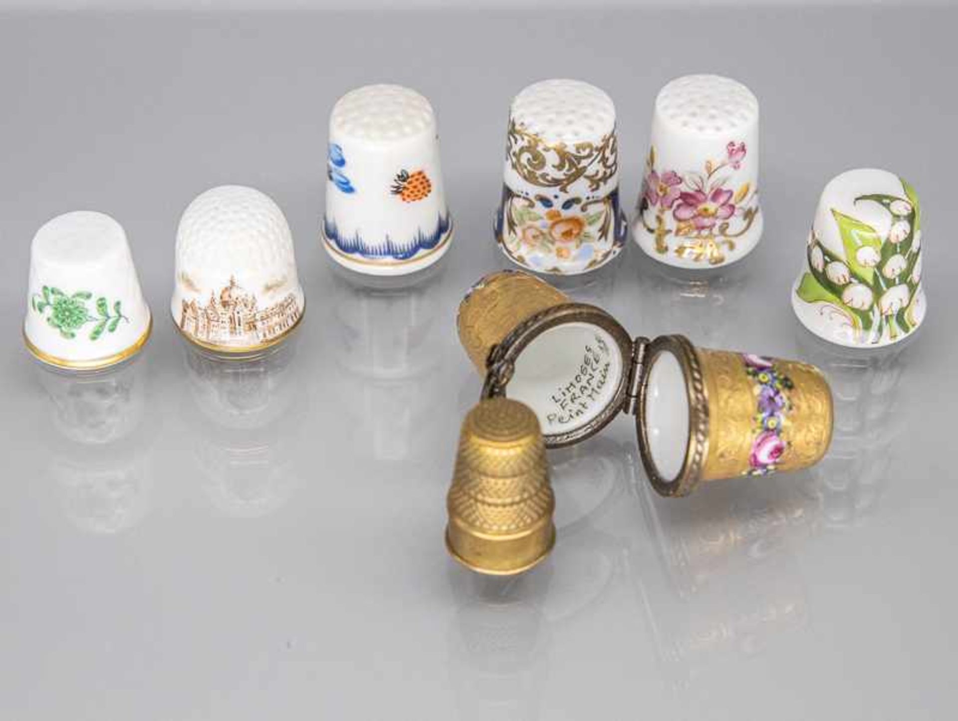 Konvolut 7 Porzellan Fingerhüte, Limoges, Meissen, Ginori, Herend, 20. Jh.