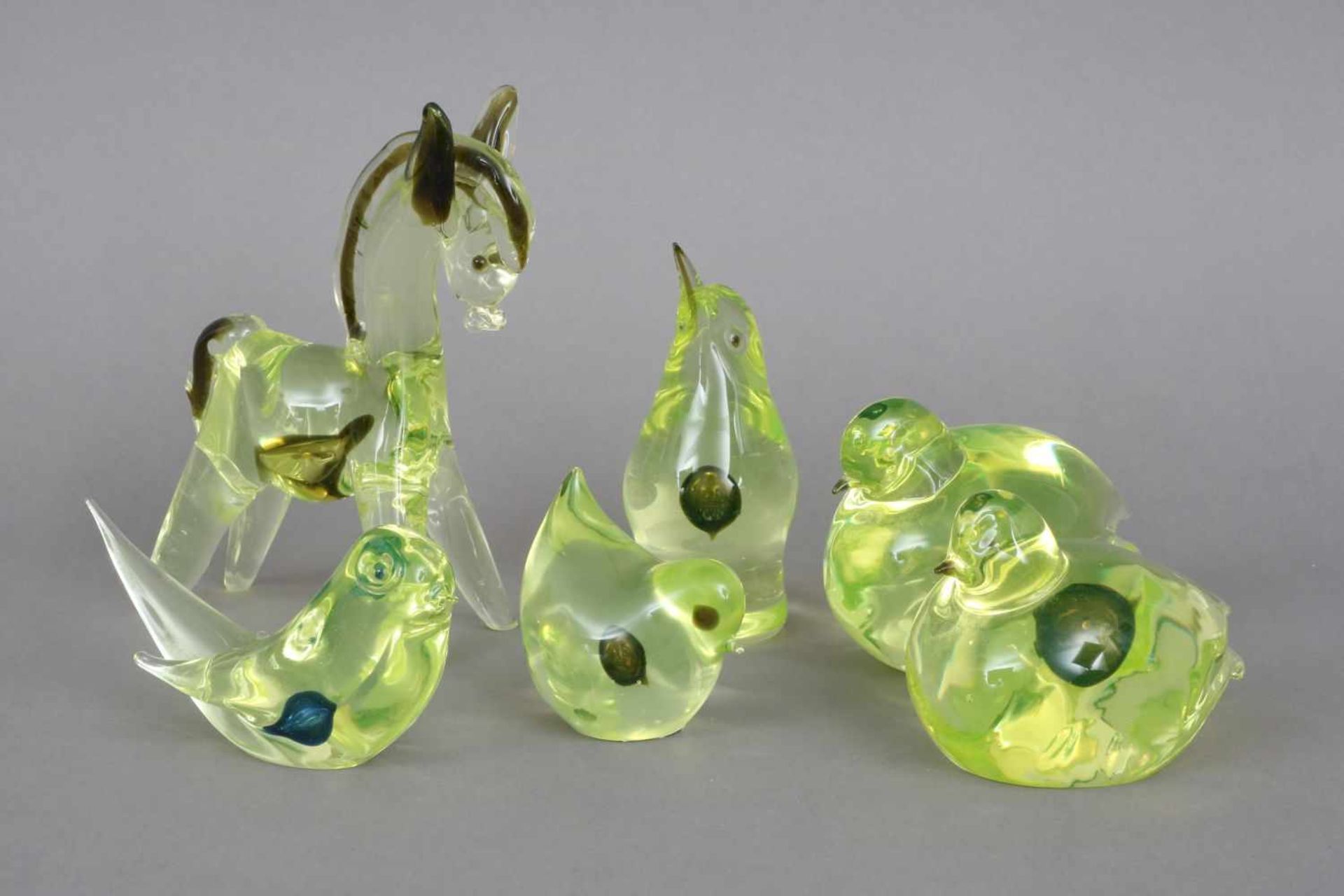 6 CENEDESE (Murano) TierfigurenEntwurf ANTONIO DA ROS (1936), bestehend aus 5 Vögeln und 1 Esel,