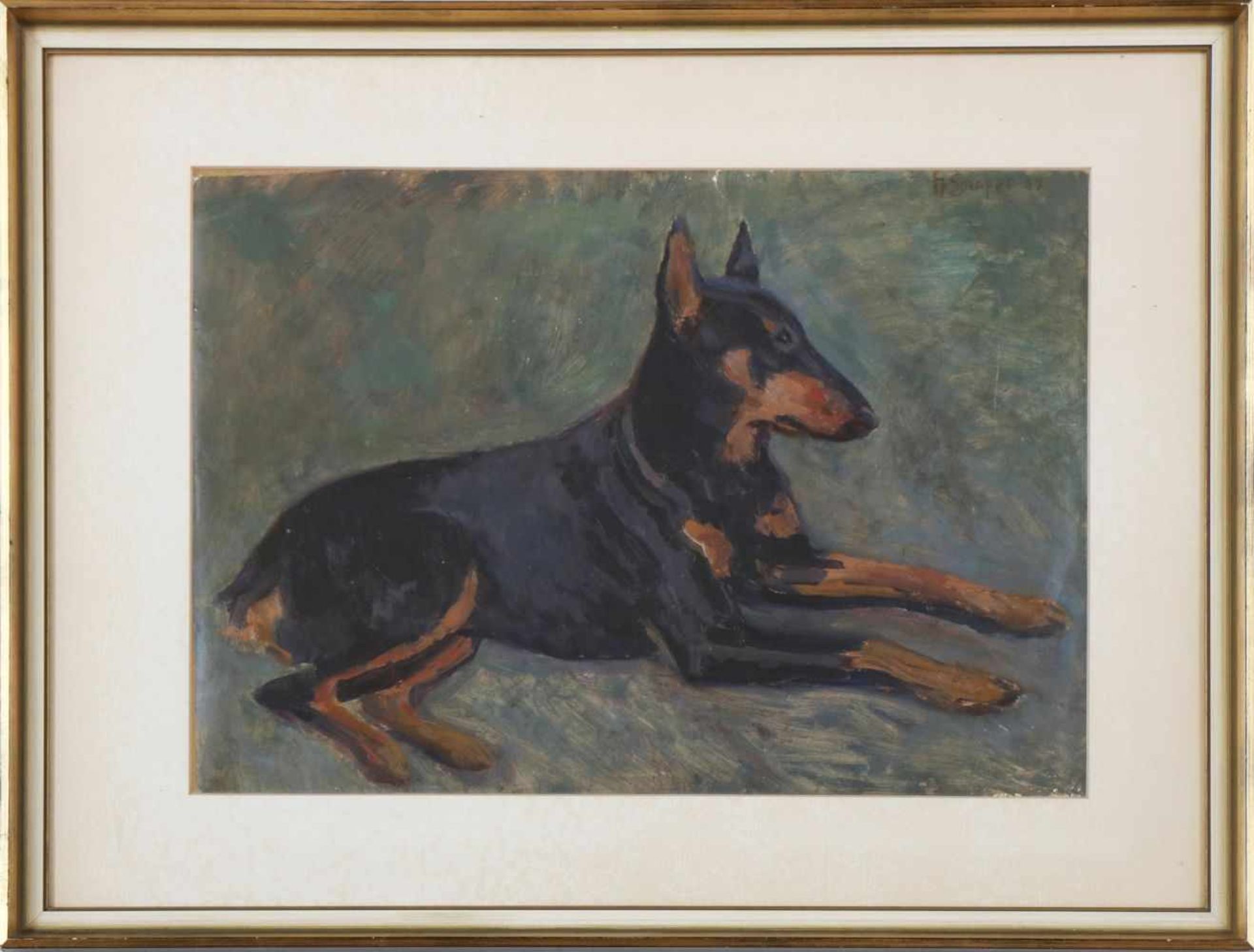 FRIEDRICH SCHAPER (1869 Braunschweig - 1956 Hamburg)Öl auf Karton, ¨Liegender Dobermann¨, oben