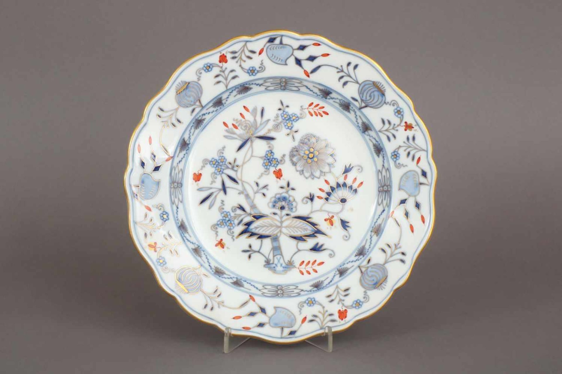 MEISSEN TellerKnaufzeit (um 1900), Zwiebelmuster mit Koralle und Goldstaffage und Goldrand, Form ¨