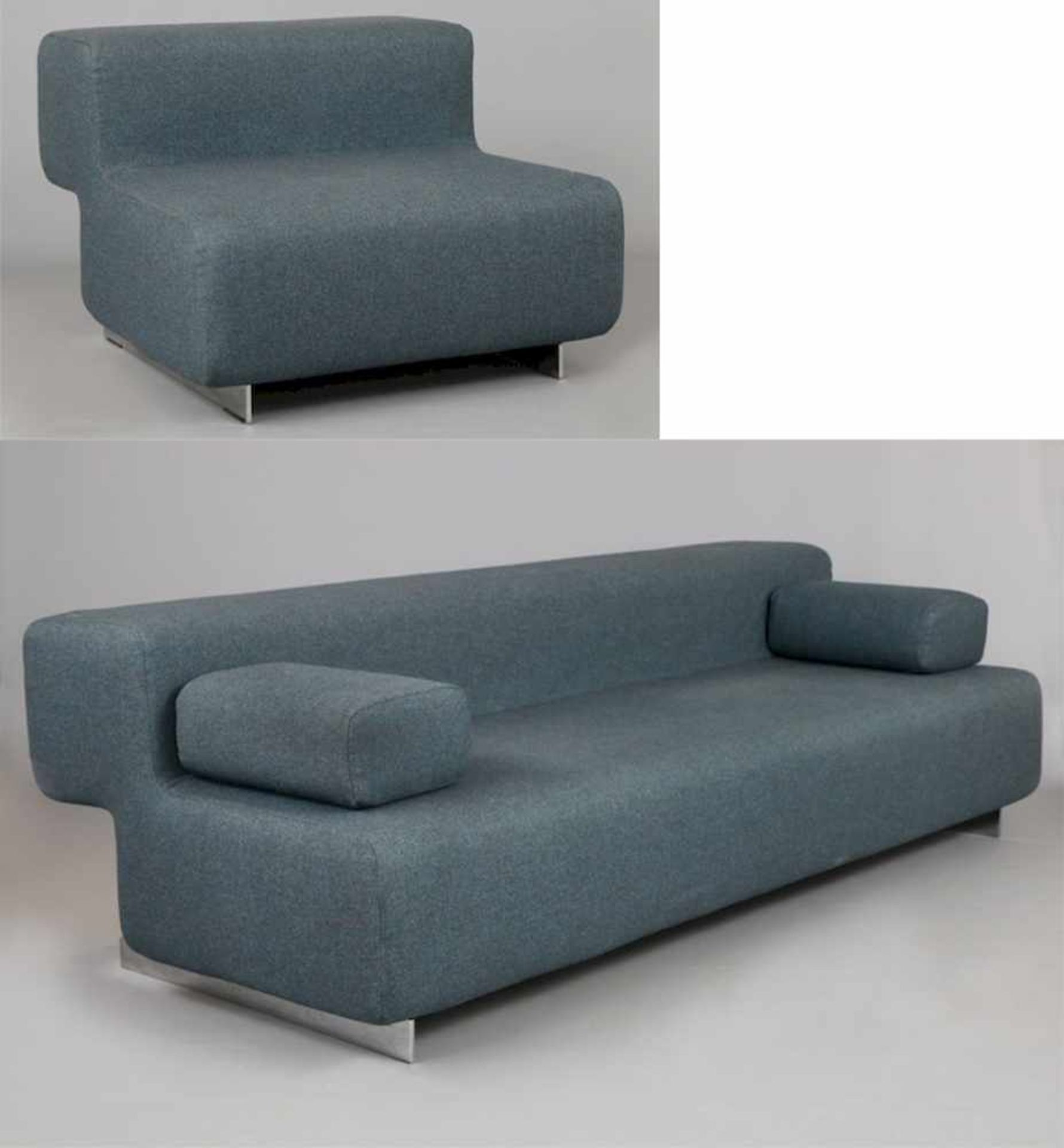 CLASSICON Sitzgruppe (Sofa und Sessel)blauer Web-/Wollbezug, eckiger Korpus, allseitig gepolstert,