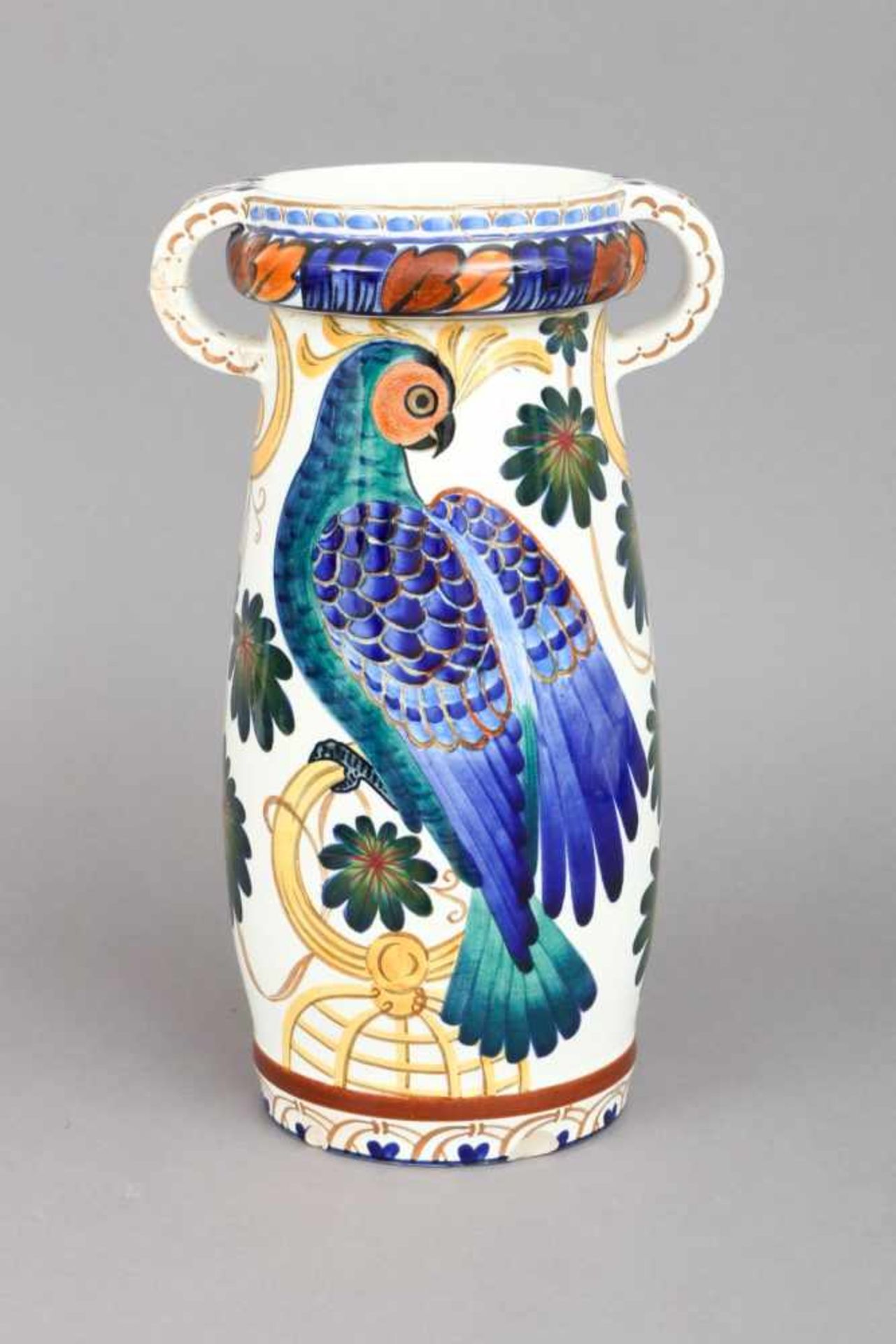 FayencevaseDänemark, um 1920, polychromes Floral- und Vogeldekor, am Boden gemarkt ¨Copenhagen, - Bild 2 aus 5