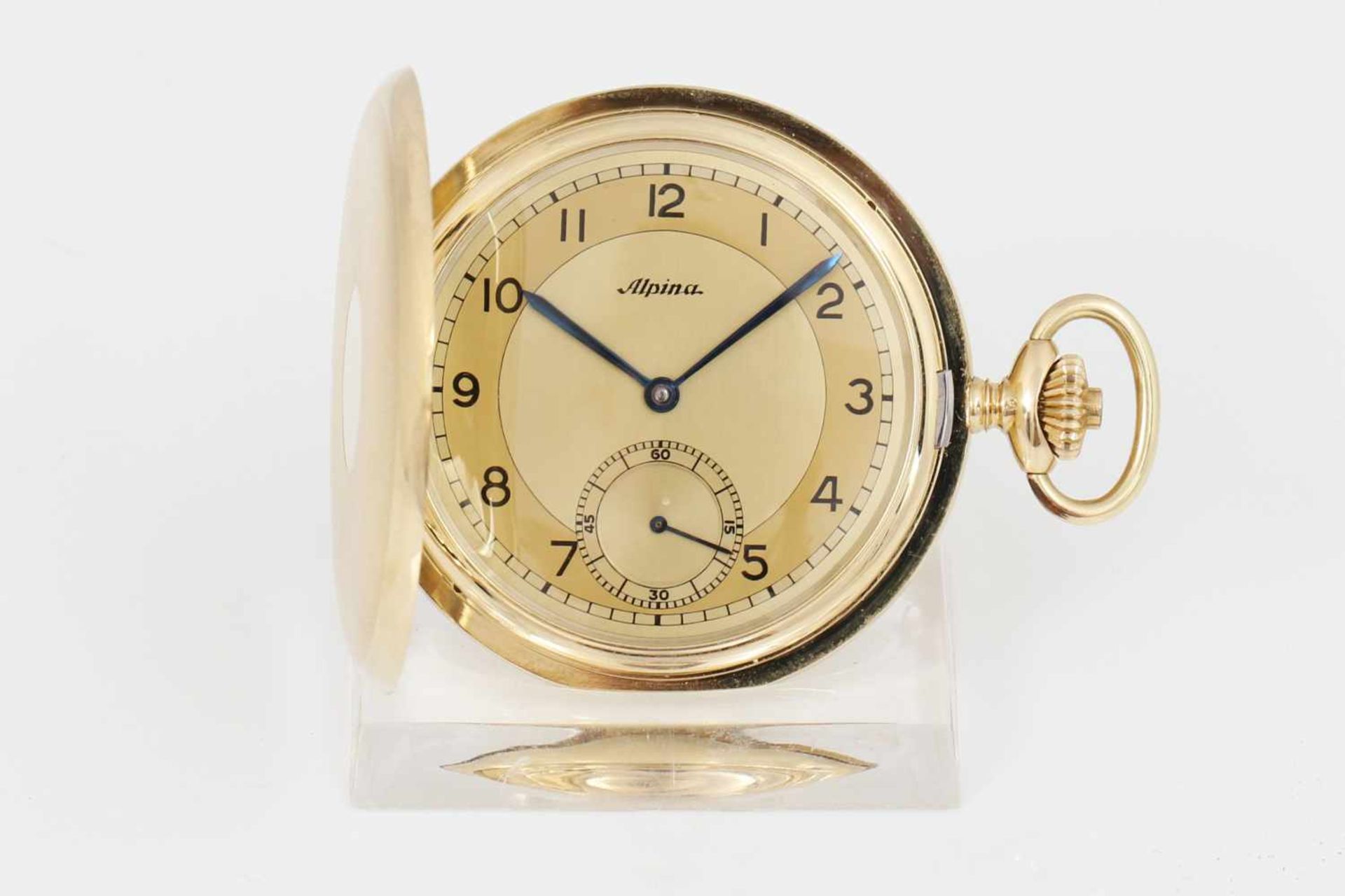 ALPINA Savonette-Taschenuhr der 1920er Jahre585er GG Gehäuse, D ca. 48mm, beide Deckel fein gui