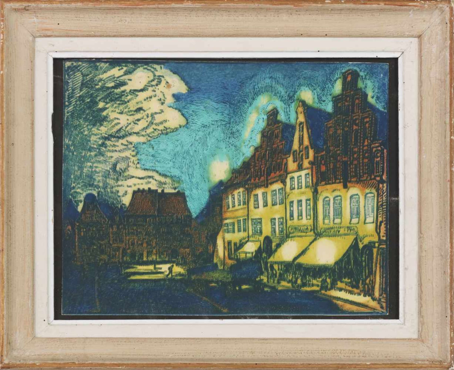 ARTHUR ILLIES (1870 Hamburg - 1952 Lüneburg)Farbradierung, ¨Lüneburger Straße bei Nacht¨ aus ¨1