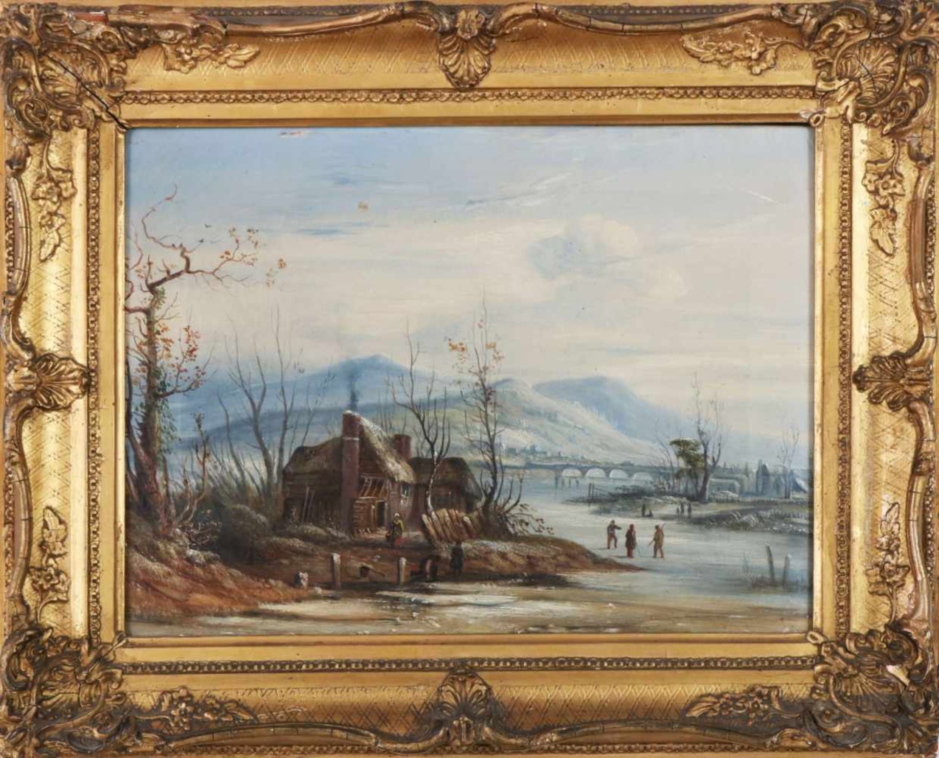 ANONYMER KÜNSTLER des 19. JahrhundertsÖl auf Leinwand (doubliert), ¨Winterlandschaft mit Schlit