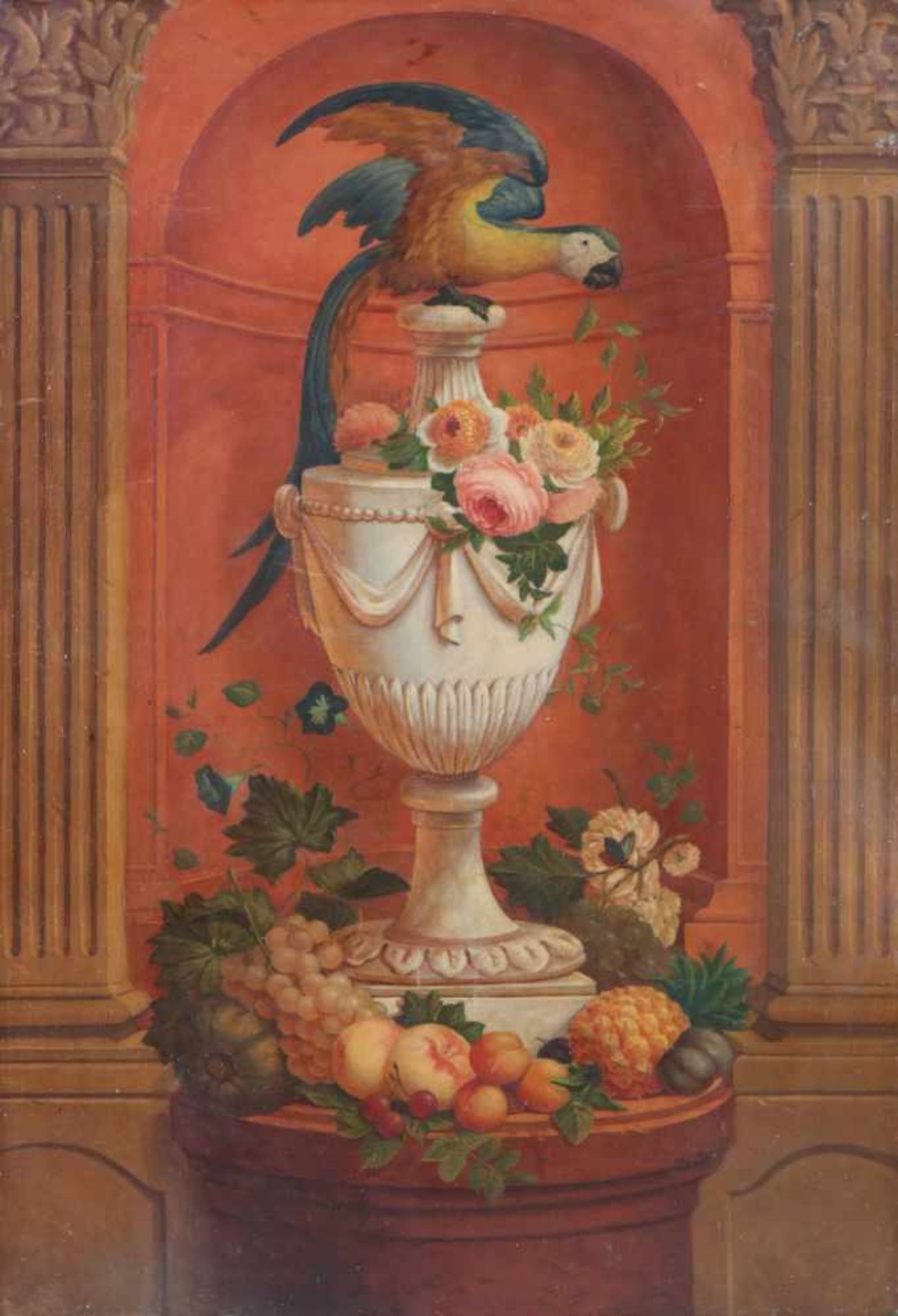 Trompe l´oeil Malerei des 19. JahrhundertsÖl auf Leinwand, ¨Papagei auf Amphorengefäß mit Blume