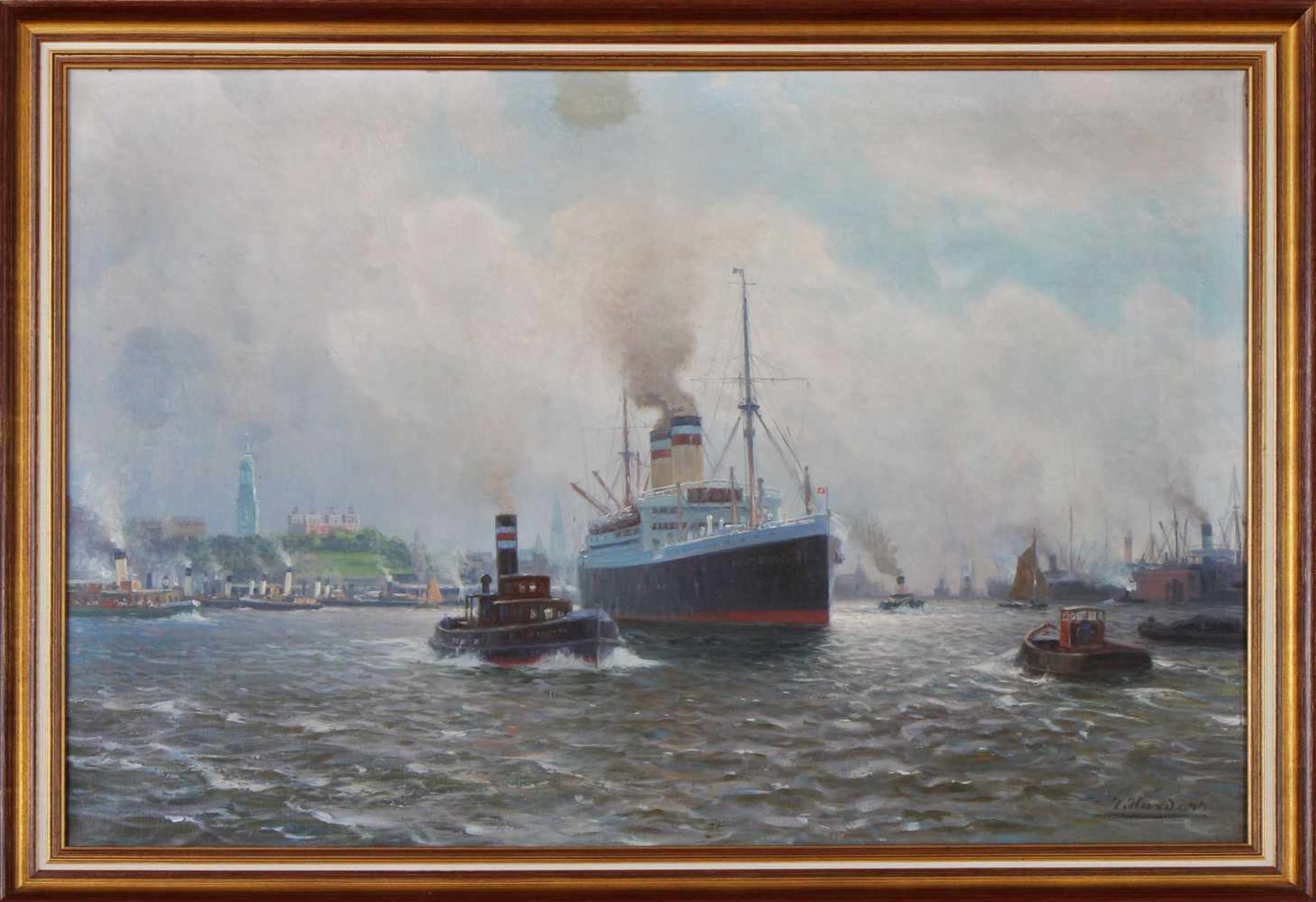 JOHANNES HARDERS (1871 Kellenhusen - 1950 Hamburg)Öl auf Leinwand, ¨Hamburger Hafen mit Passagi