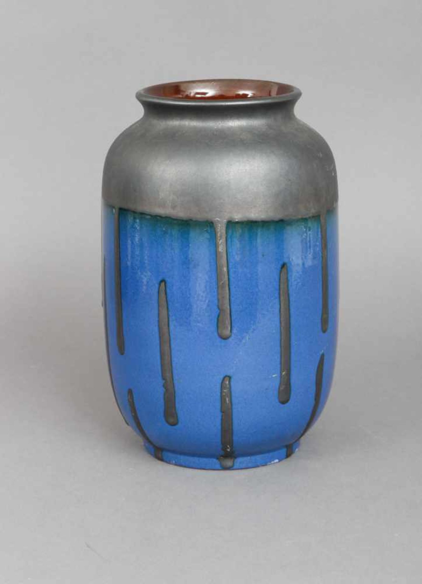 Keramikvase der 1950er JahreDeutsch, unbekannter Hersteller, zylindrischer Korpus mit blau-grau