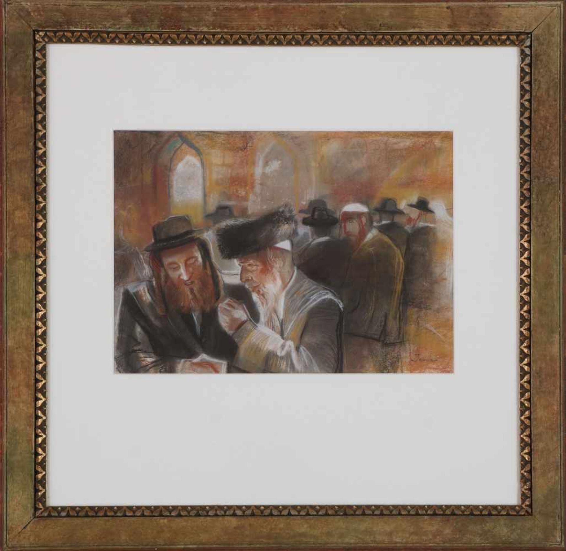UNBEKANNTER KÜNSTLERPastellzeichnung, ¨Männer in der Synagoge¨, unten rechts undeutlich signier