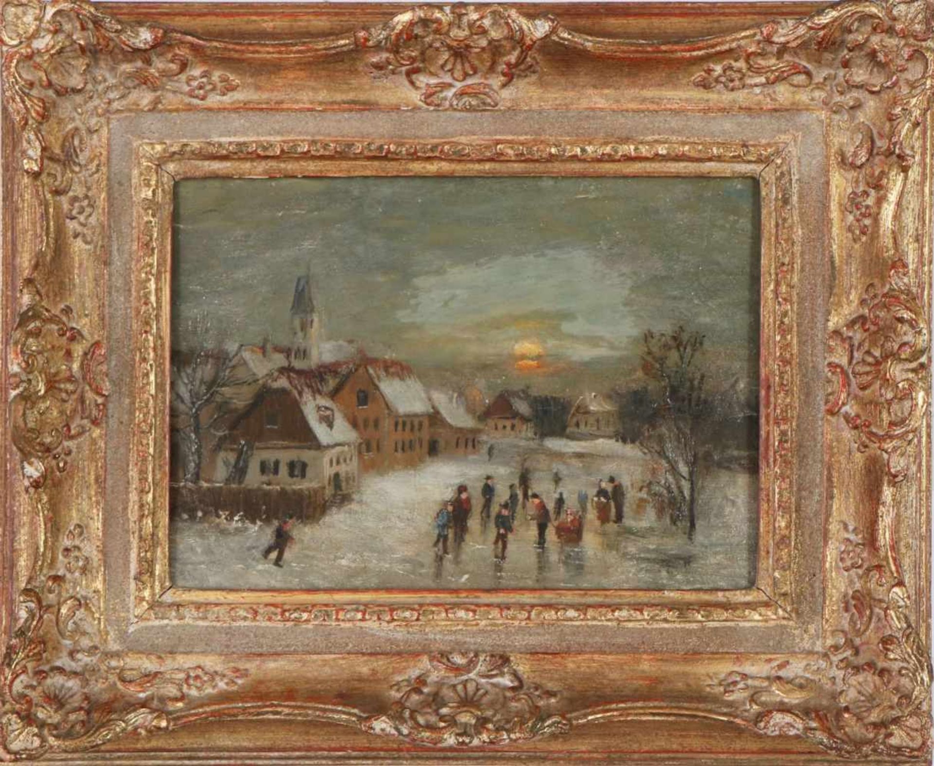 ADOLF STADEMANN (1824 München - 1895 ebenda)Öl auf Holz, ¨Schlittschuhläufer vor Dorfkulisse¨,