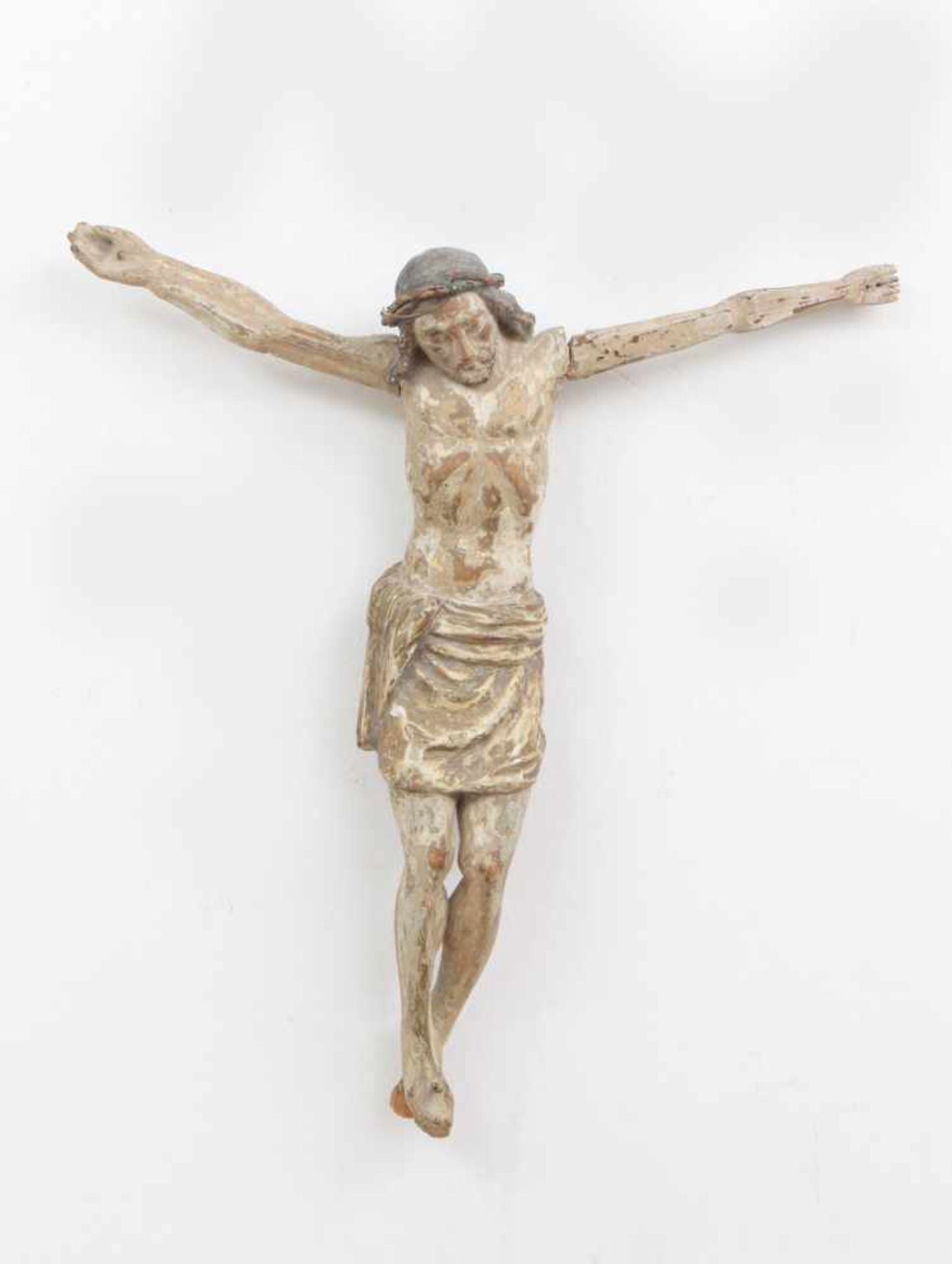 Kruzifix des 16./17. Jahrhundertswohl Lindenholz, geschnitzt, mit Resten alter heller Farbfassu
