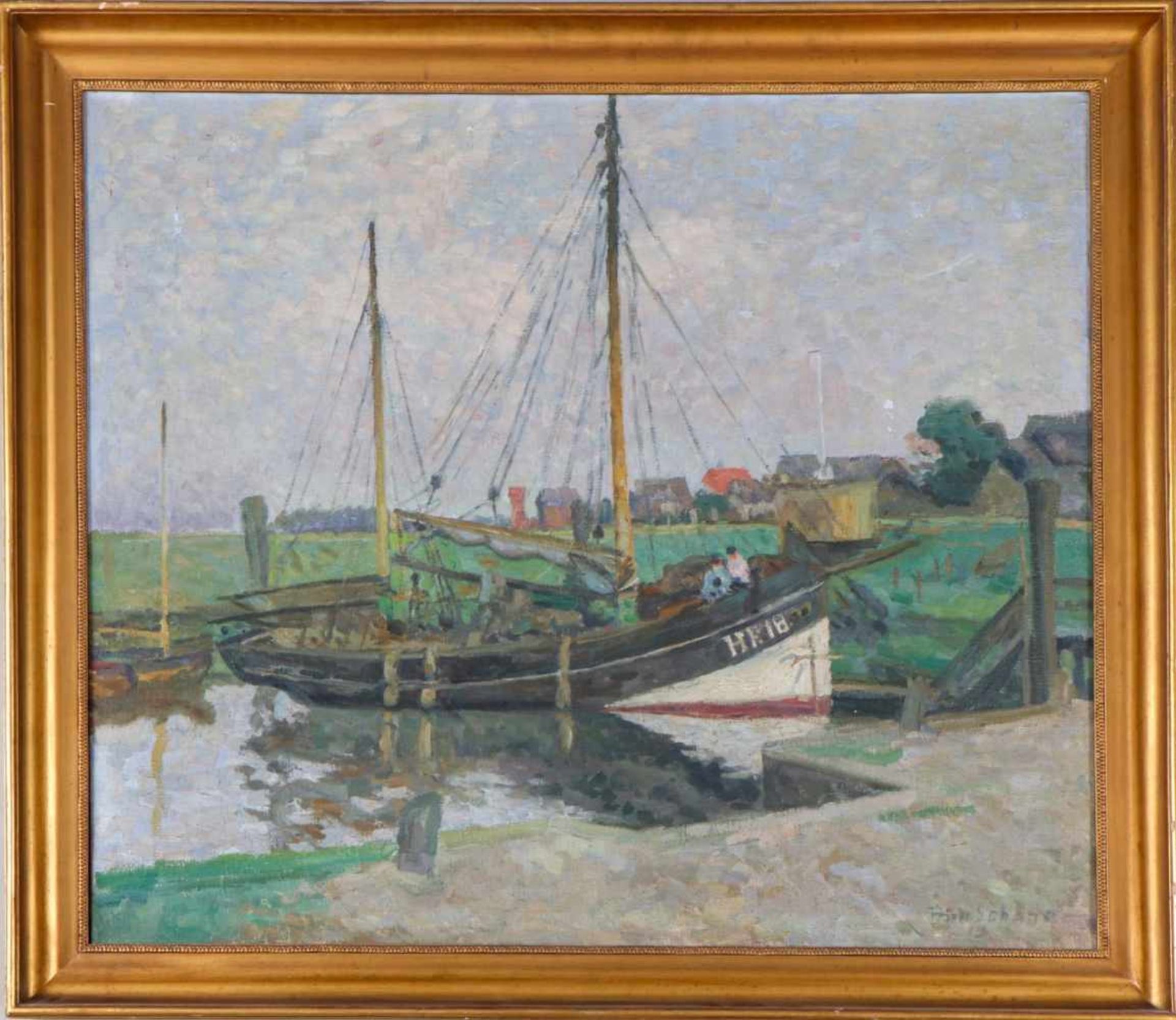 FRIEDRICH SCHAPER (1869 Braunschweig - 1956 Hamburg)Öl auf Leinwand, ¨Finkenwerder Kutter im Hafen