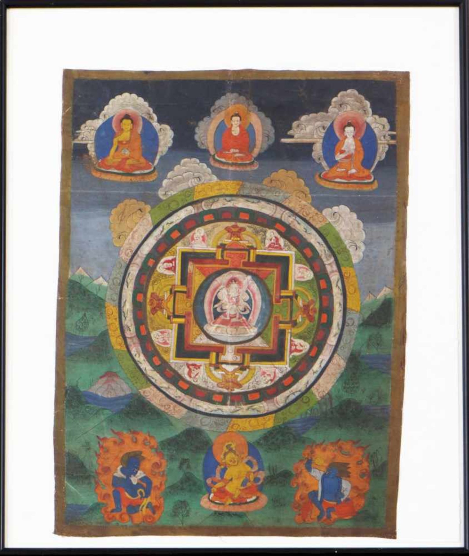 Tibetanische ThangkaTemperamalerei auf Leinentuch, ¨Mandala der weißen Tara¨, mit Nebenfiguren (