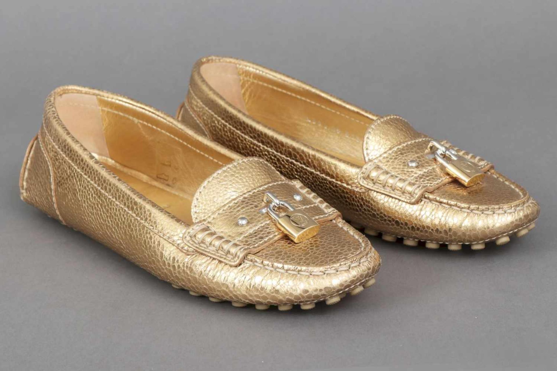 LOUIS VUITTON Slipper goldfarbenes Leder, aufgenähtes ¨Padlock¨, Größe 37, sehr guter Zustand