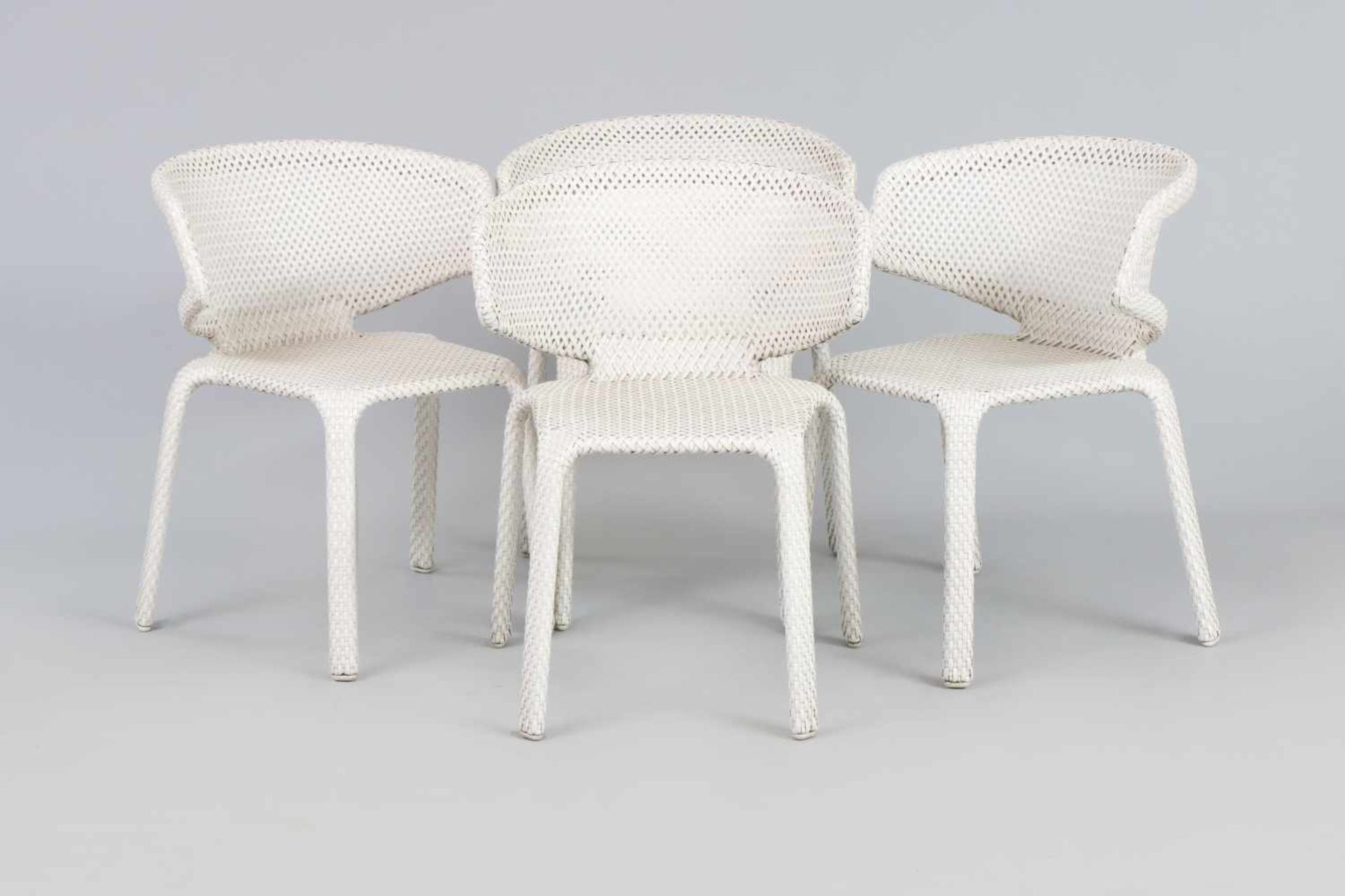4 DEDON ¨Seashell¨ Stühle Entwurf Jean-Marie Massaud, weißes Hularo-Kunstfasergeflecht, Hersteller-