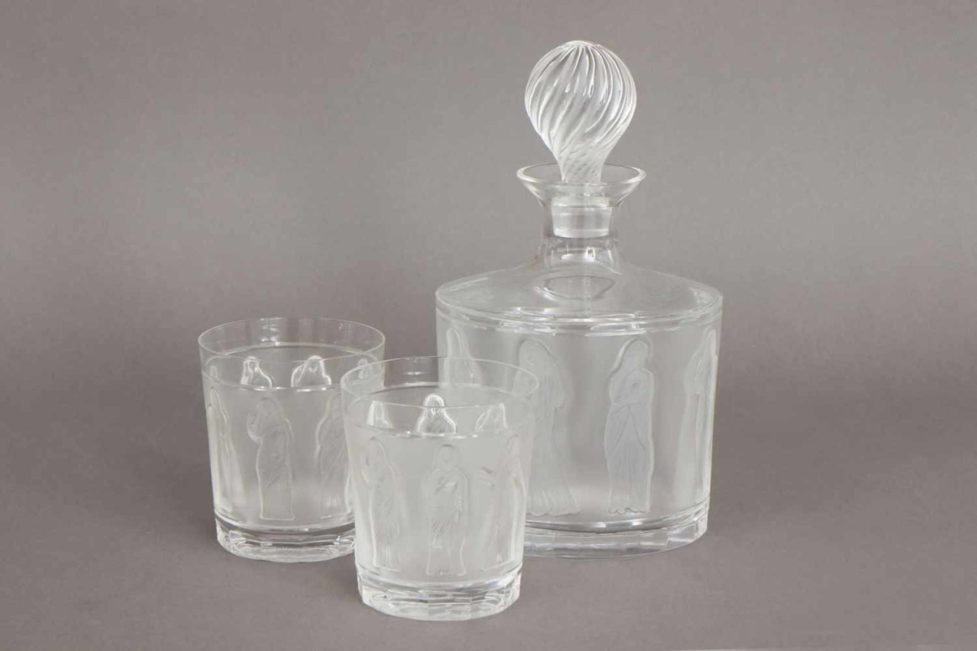 LALIQUE Trink-Set ¨Femmes Antiques¨ bestehend aus Karaffe und 2 (Whiskey) Gläsern, farbloses Glas,