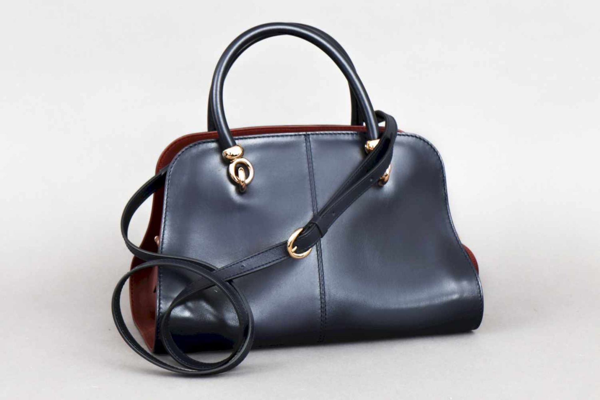 TOD`S Handtasche vintage bordeaux- und dunkelblaues Glattleder, 2 kurze Tragehenkel, ein - Bild 2 aus 4