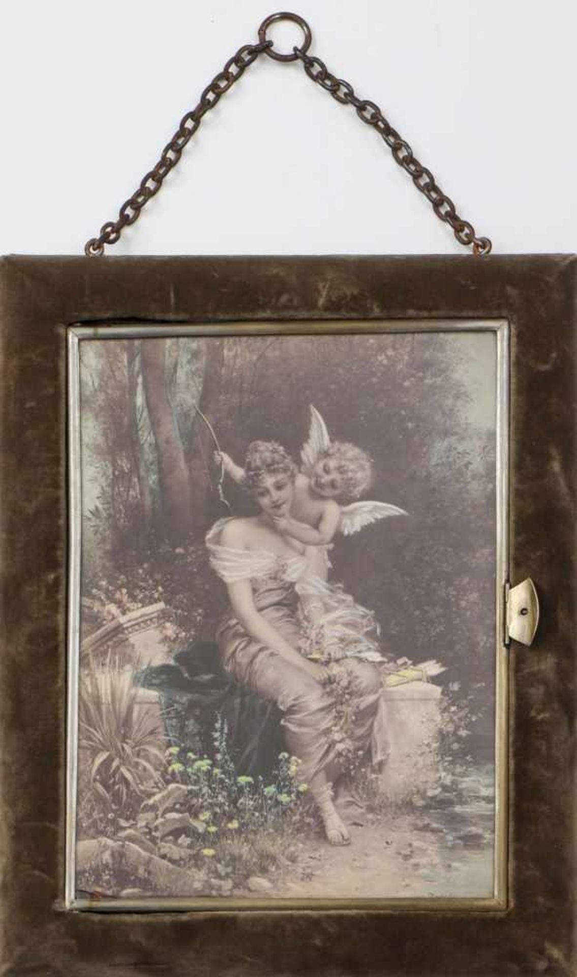 Jugendstil Klapp-Spiegel mit handkolorierter Lithografie von HANS ZATZKA Deckel mit Darstellung