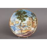 Italienischer Fayence Teller im Stile Urbino, vielfarbige Darstellung einer antiken Hafenszene,