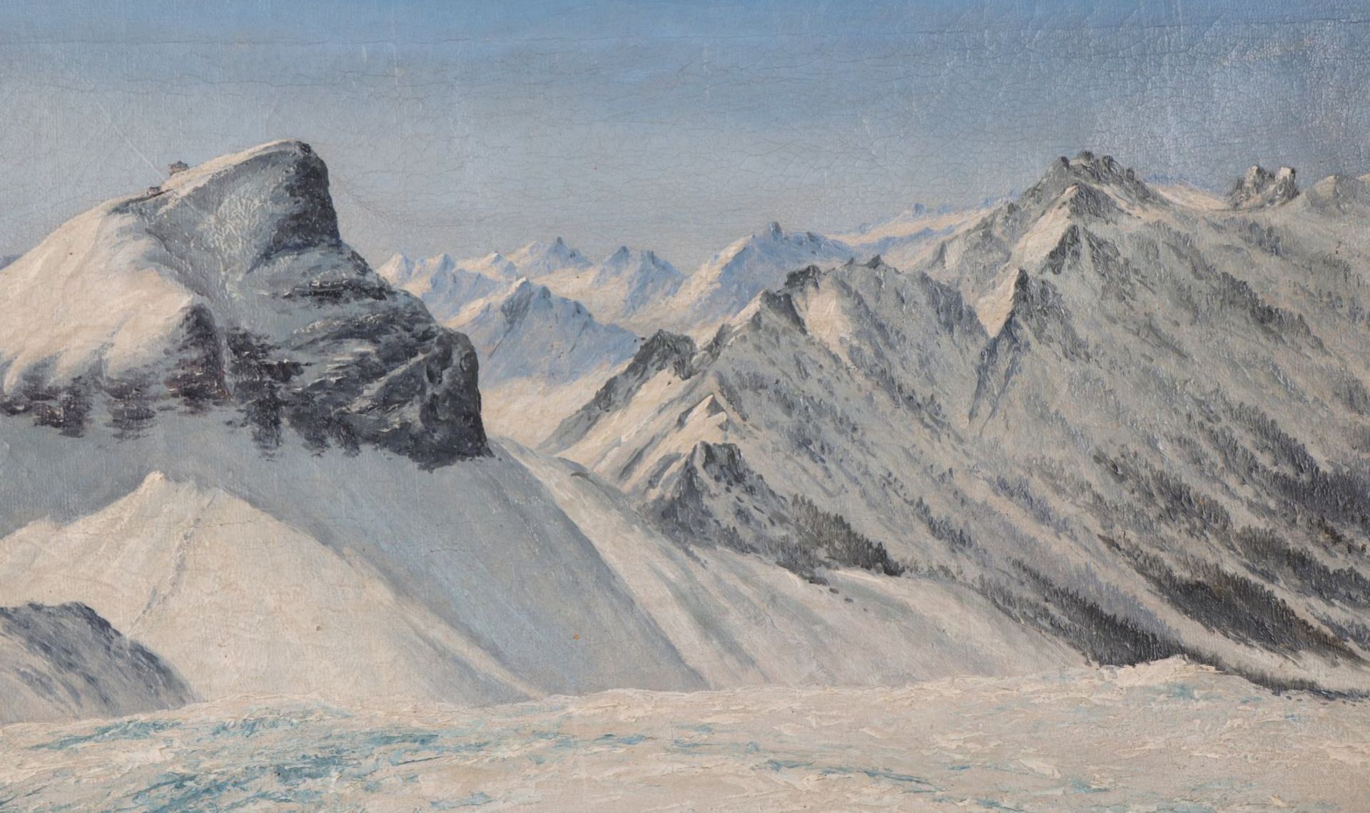 UNBEKANNTER KÜNSTLER des 19./20. JahrhundertsÖl auf Leinwand, ¨Verschneite Bergspitzen in de - Image 2 of 4