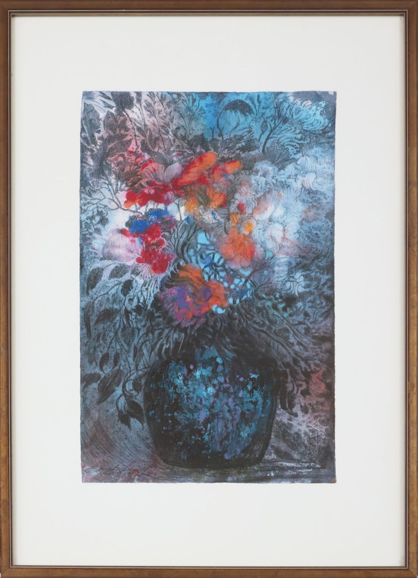 ERNST FUCHS (1930 Wien - 2015 ebenda)Farblithografie, ¨Blumenbouquet in blauer Kugelvase¨ (19