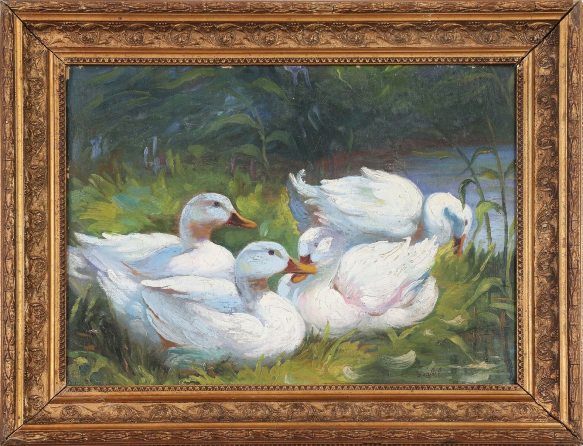 FRANZ XAVER GRÄSSEL (1861 Obersasbach - 1948 Emmering)Öl auf Pappe, ¨4 weiße Enten an Teich