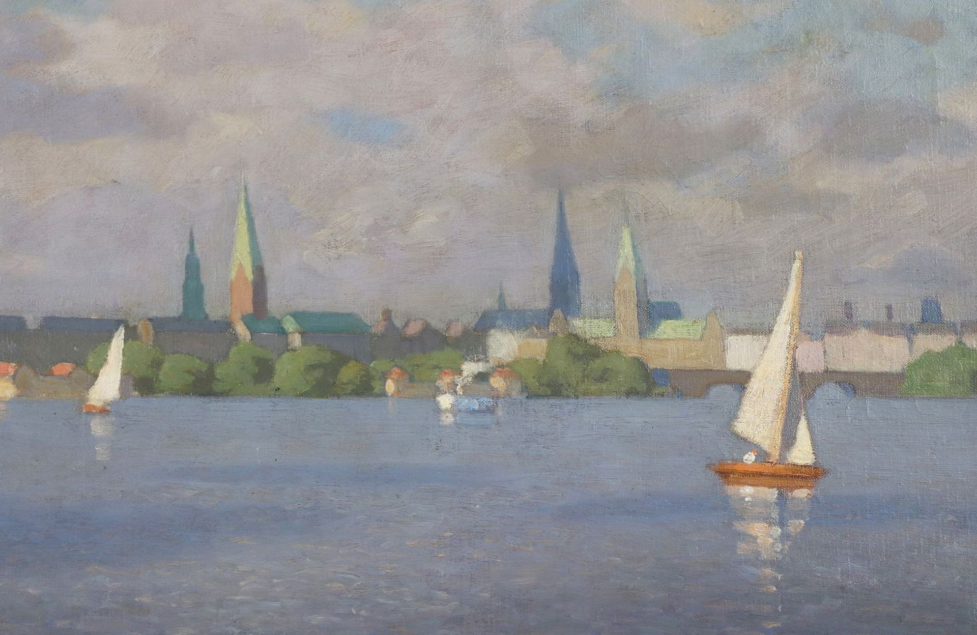 OTTO PIEPER (1881 Altona - 1968 Hamburg)Öl auf Leinwand, ¨Alsterblick mit Stadtsilhouette und - Image 2 of 3