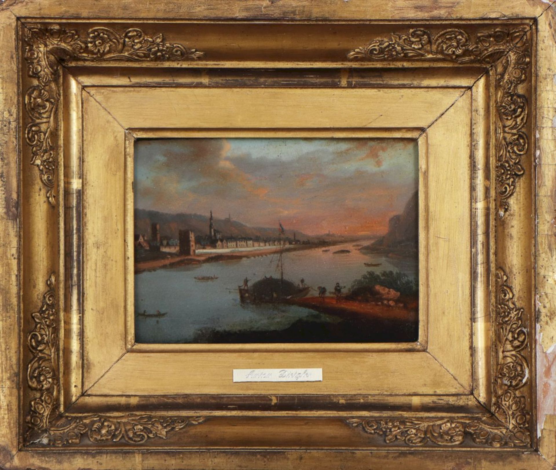 ANTON DIETZLER (1811 Koblenz - 1845 Köln)Öl auf Holzplatte, ¨Rüdesheim am Rhein bei Sonnenu