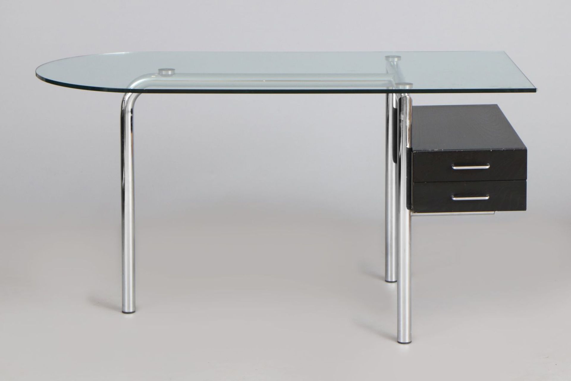 MIRTO Schreibtisch im Stile des Bauhausverchromtes Stahlrohr, Klarglasplatte, 2-schübiger Schu