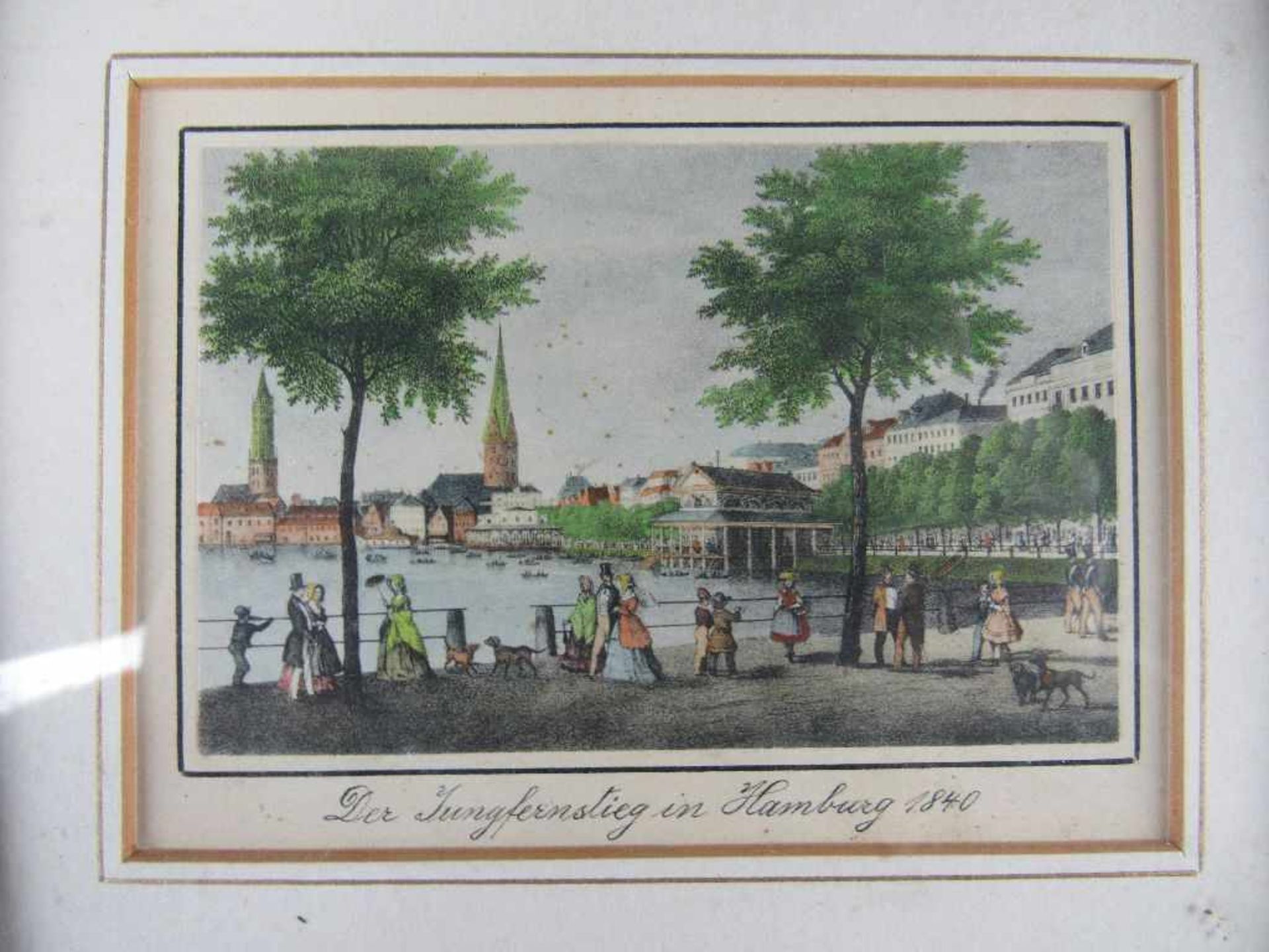 Vier colorierte Grafiken Hamburg um 1850 in schöner Biedermeierleiste ca.19,5x16,5cm< - Bild 3 aus 6
