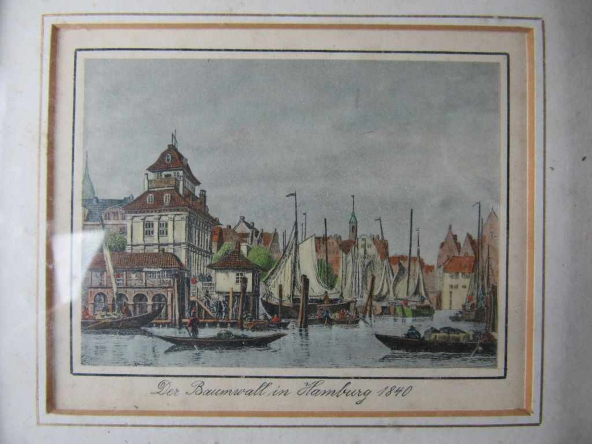 Vier colorierte Grafiken Hamburg um 1850 in schöner Biedermeierleiste ca.19,5x16,5cm< - Bild 4 aus 6