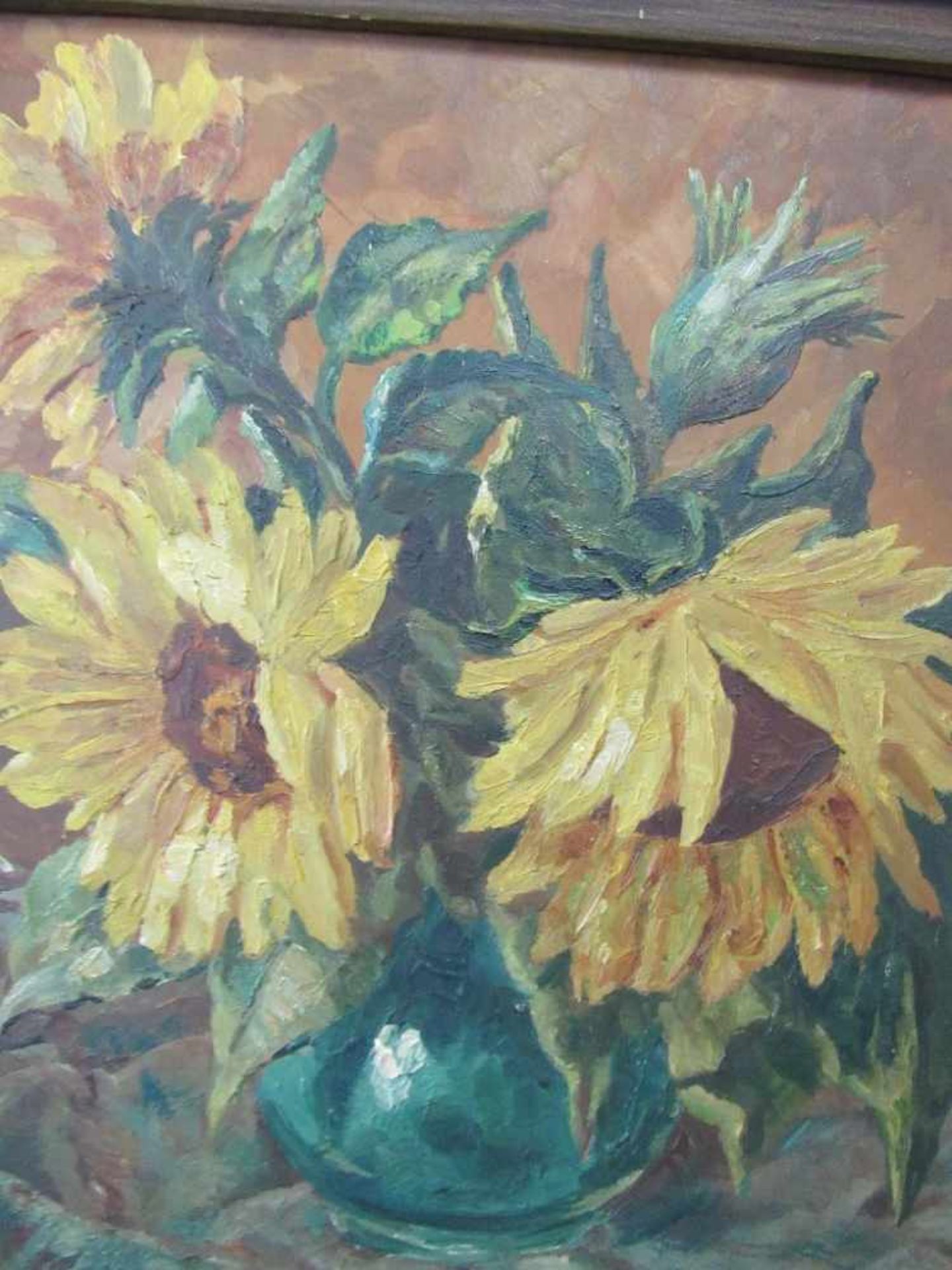 Ölgemälde Öl auf HF Sonnenblumen unleserlich signiert 47x50cm<br