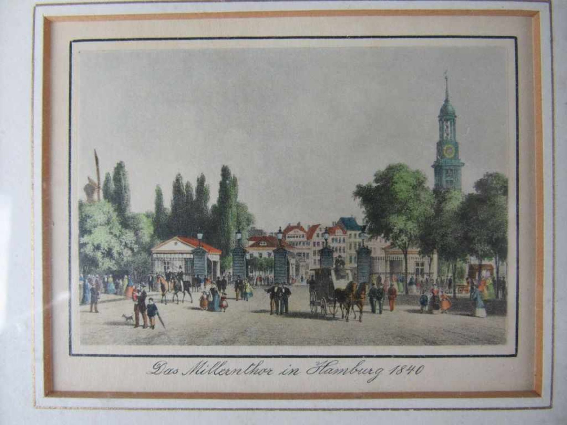 Vier colorierte Grafiken Hamburg um 1850 in schöner Biedermeierleiste ca.19,5x16,5cm< - Bild 2 aus 6