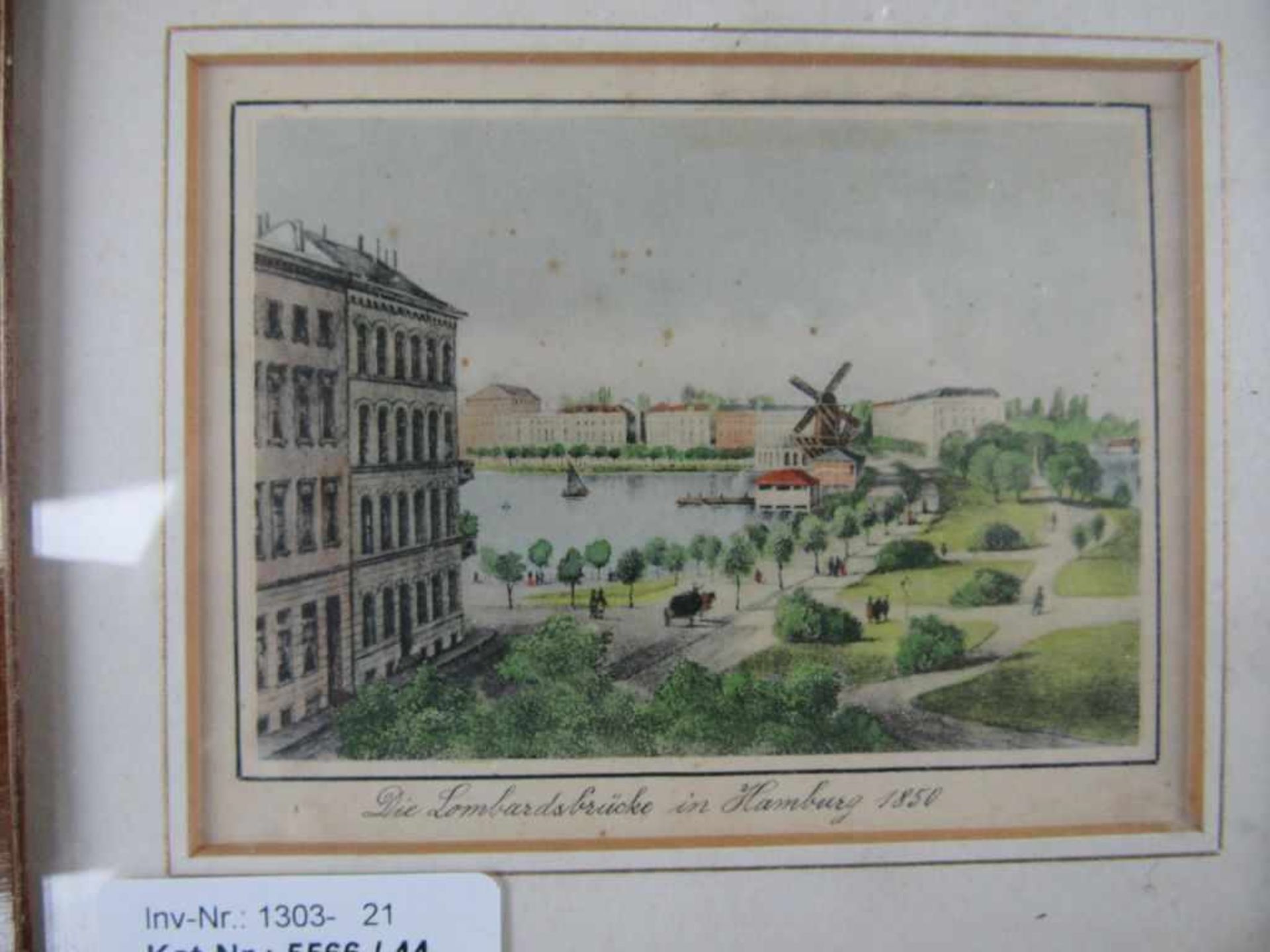 Vier colorierte Grafiken Hamburg um 1850 in schöner Biedermeierleiste ca.19,5x16,5cm< - Bild 5 aus 6