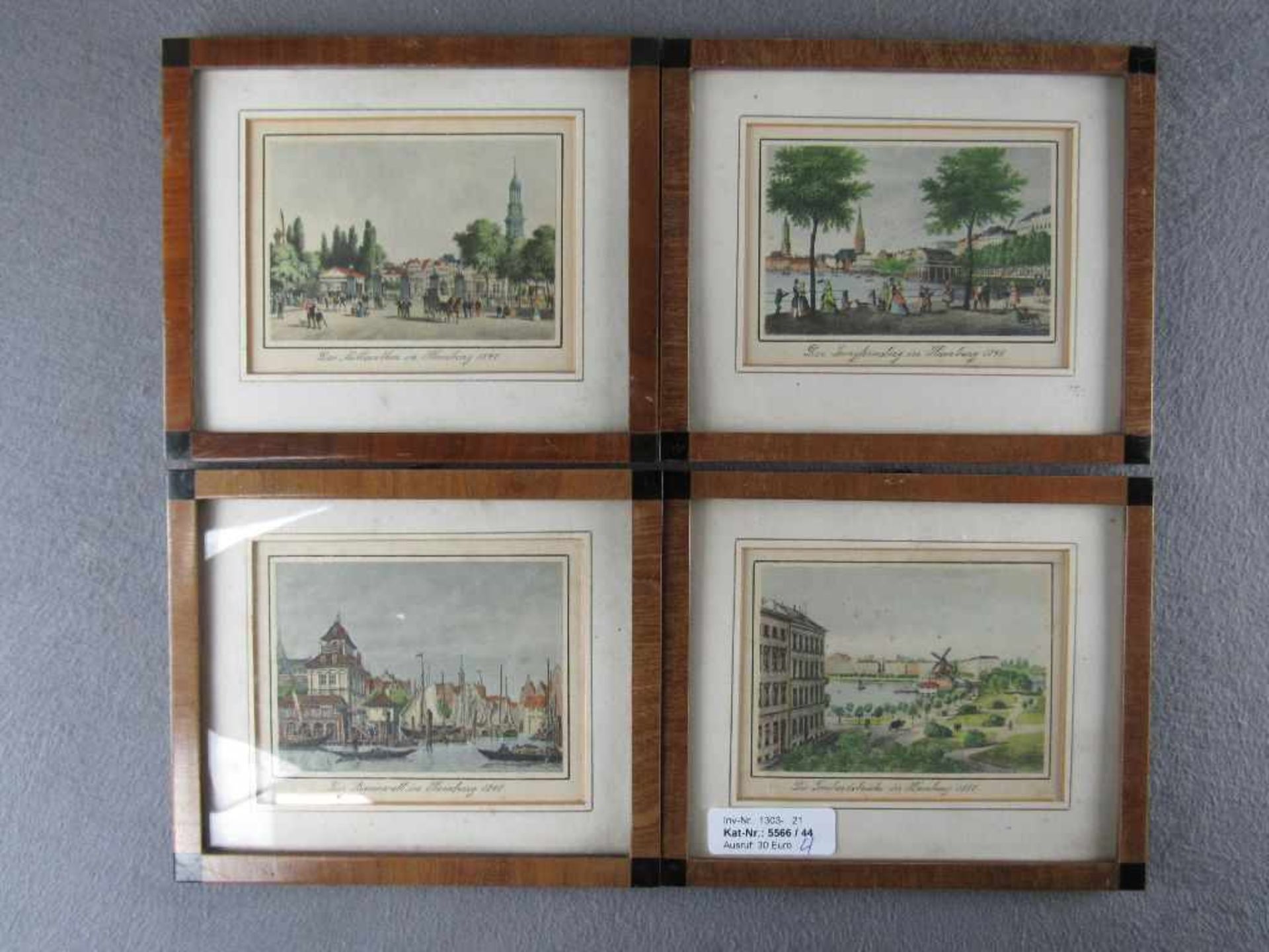 Vier colorierte Grafiken Hamburg um 1850 in schöner Biedermeierleiste ca.19,5x16,5cm<