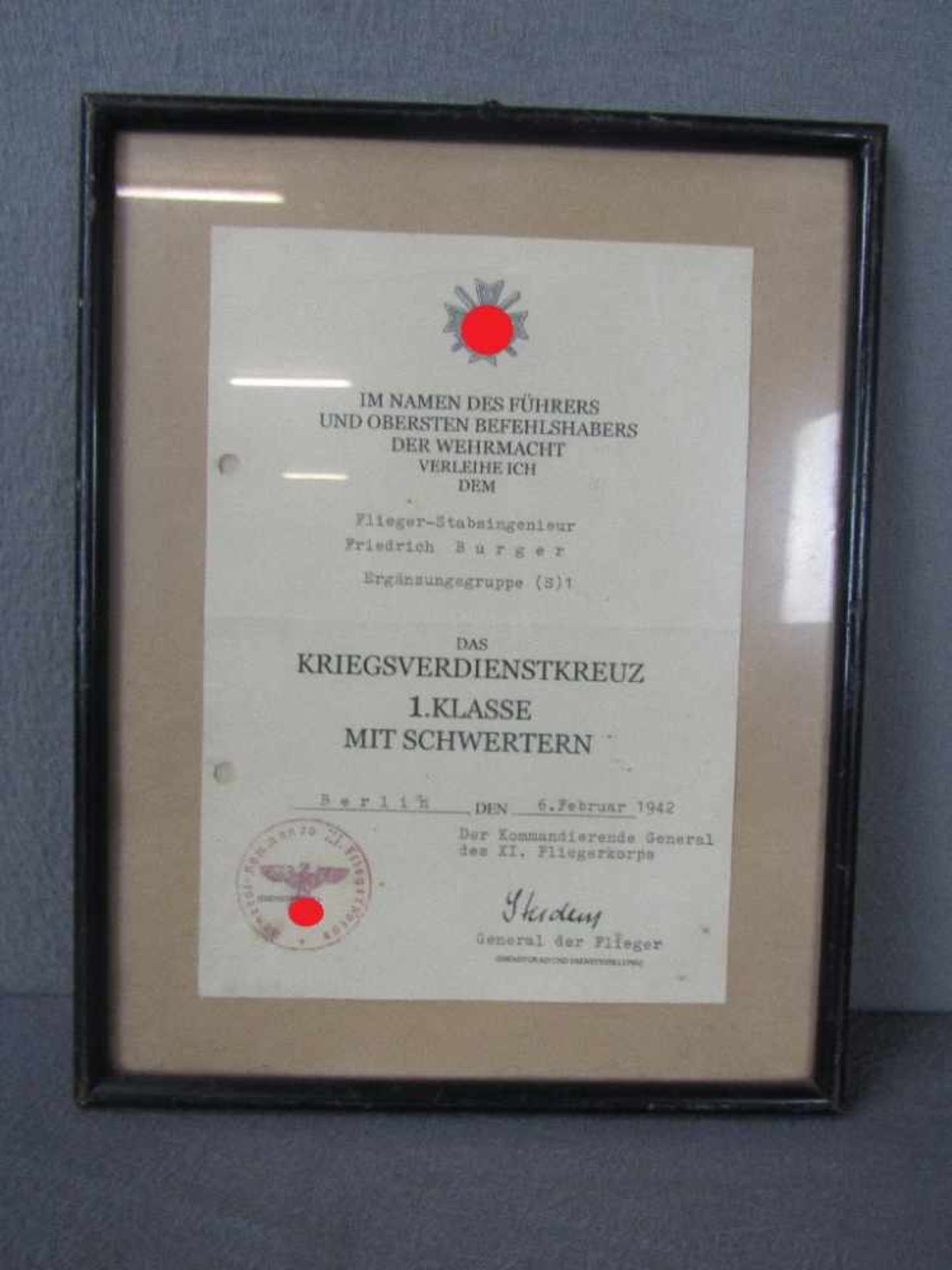Drittes Reich Urkunde KVK erste Klasse mit Schwertern ungeprüft