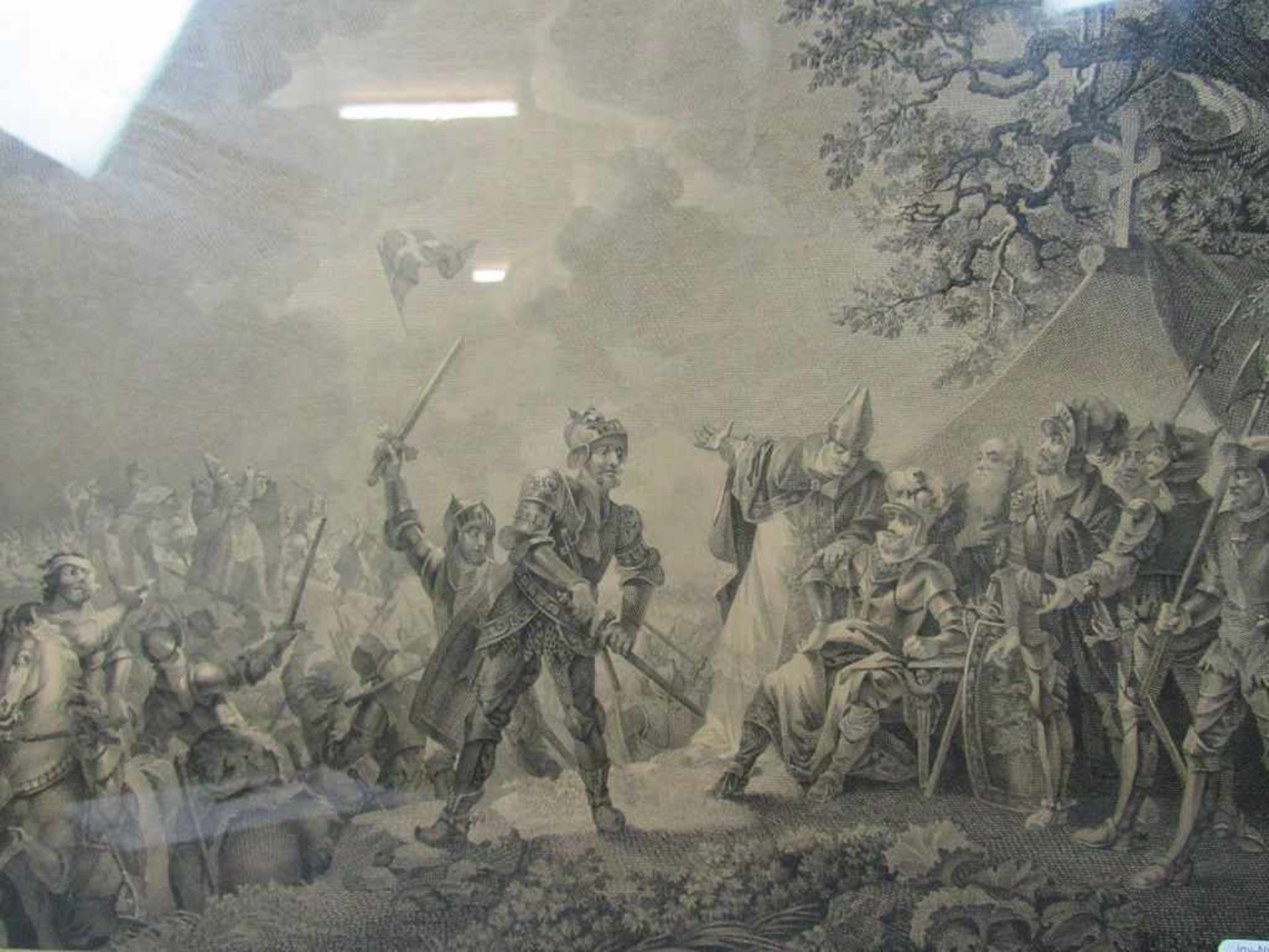Grafik König Waldemar um 1800 kriegerische Szenerie in original Leiste 54x62cm