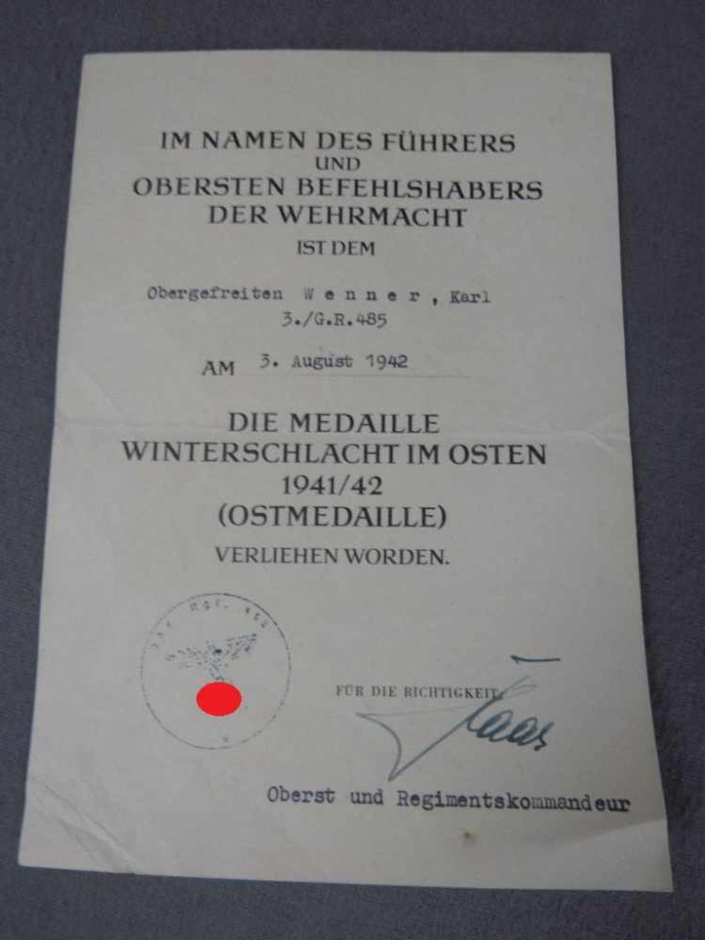 Drittes Reich Urkunde Ostmedaille 2.WK original