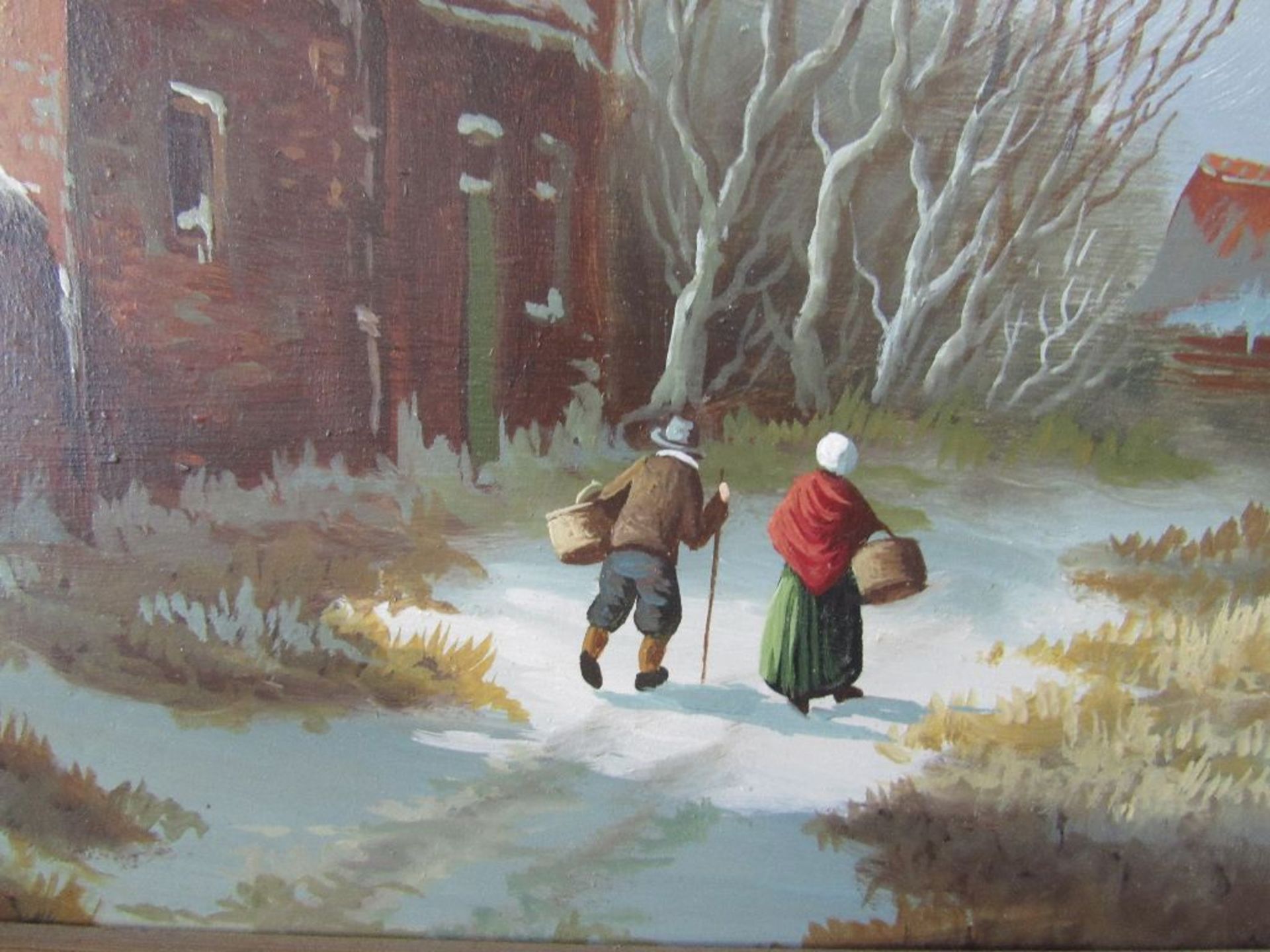 Ölgemälde Öl auf Holz holländischer Maler unleserlich signiert schöne Winterlandschaft ca.42x53cm - Bild 3 aus 6