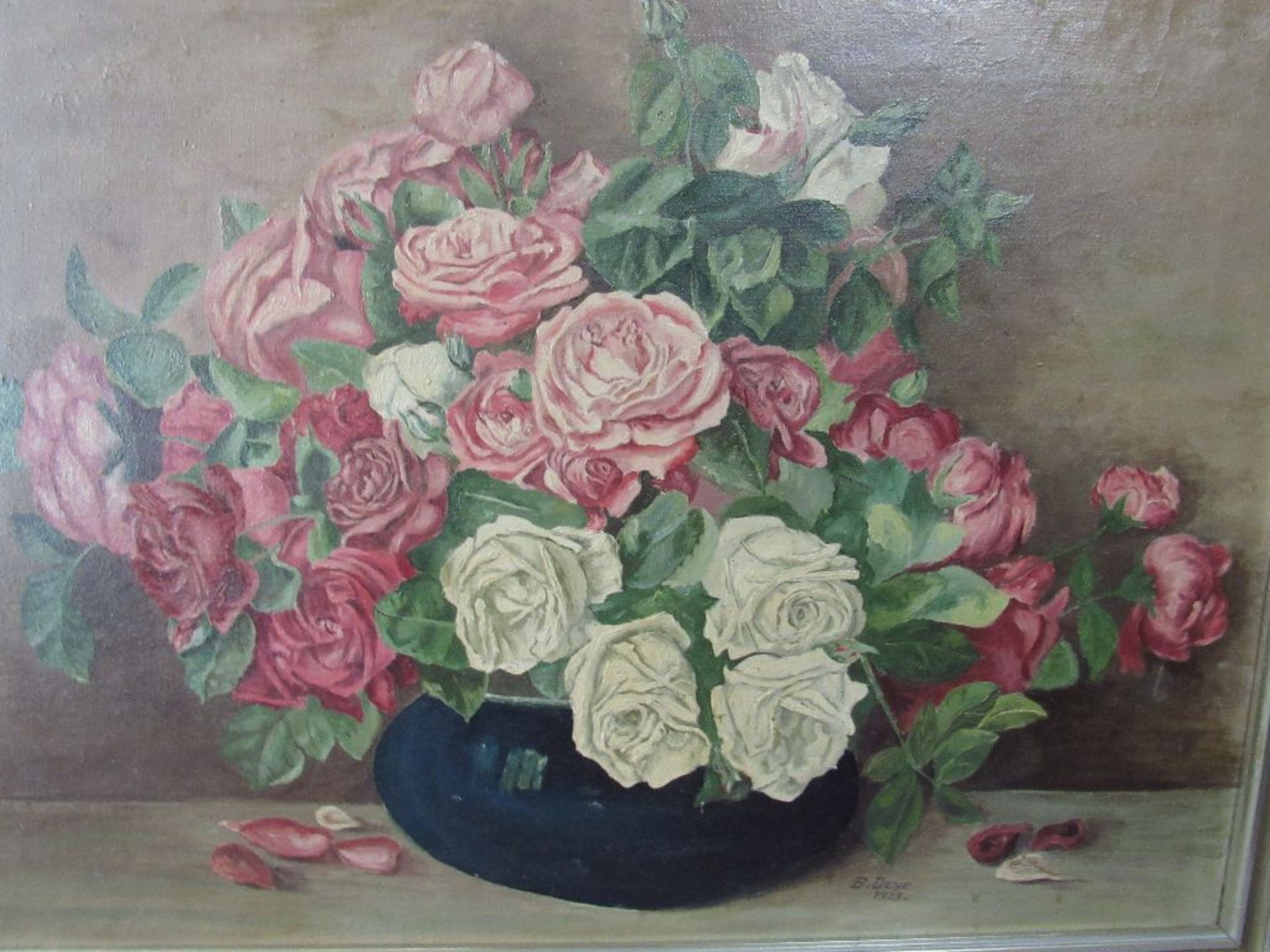 Ölgemälde Öl auf Leinwand Rosenstillleben signiert B. Deye 1929 90x67cm