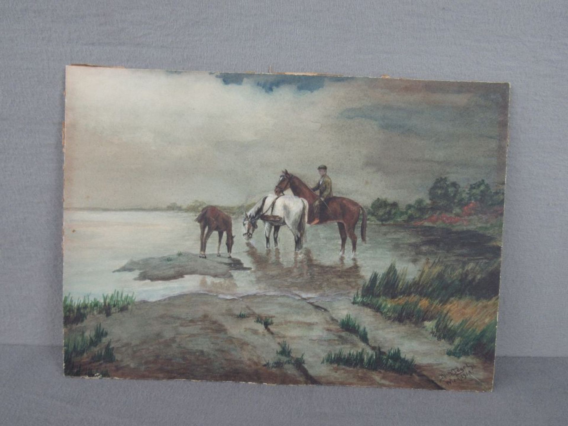 Gemälde Reiterei unleserlich signiert datiert Wien 1918 38x27cm - Image 2 of 6