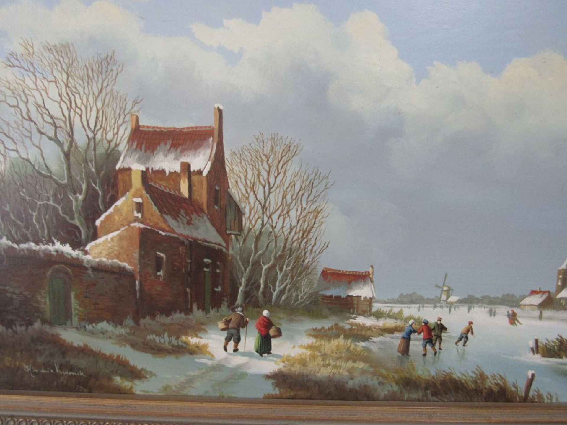 Ölgemälde Öl auf Holz holländischer Maler unleserlich signiert schöne Winterlandschaft ca.42x53cm