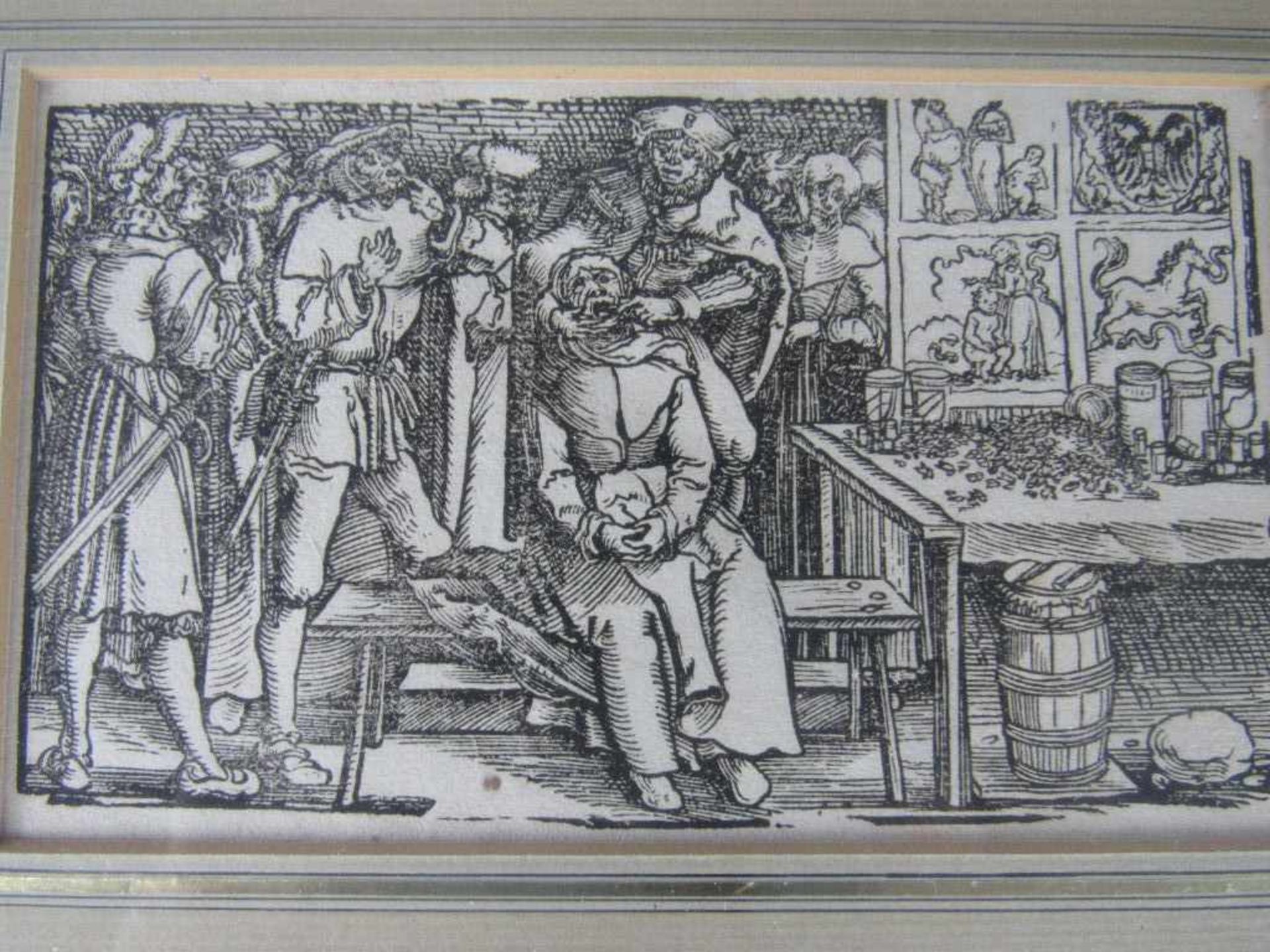 Antiker Stich Grafik originales Blatt beim Zahnarzt geschätzt um 1600 schön gerahmt 29x23cm
