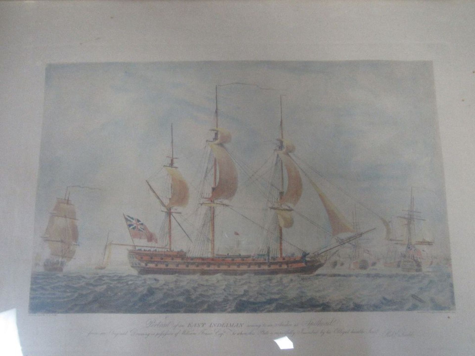 Colorierte Grafik hinter Glas Darstellung eines englischen Kriegsschiffes East Inviaman gestempelt - Image 2 of 4