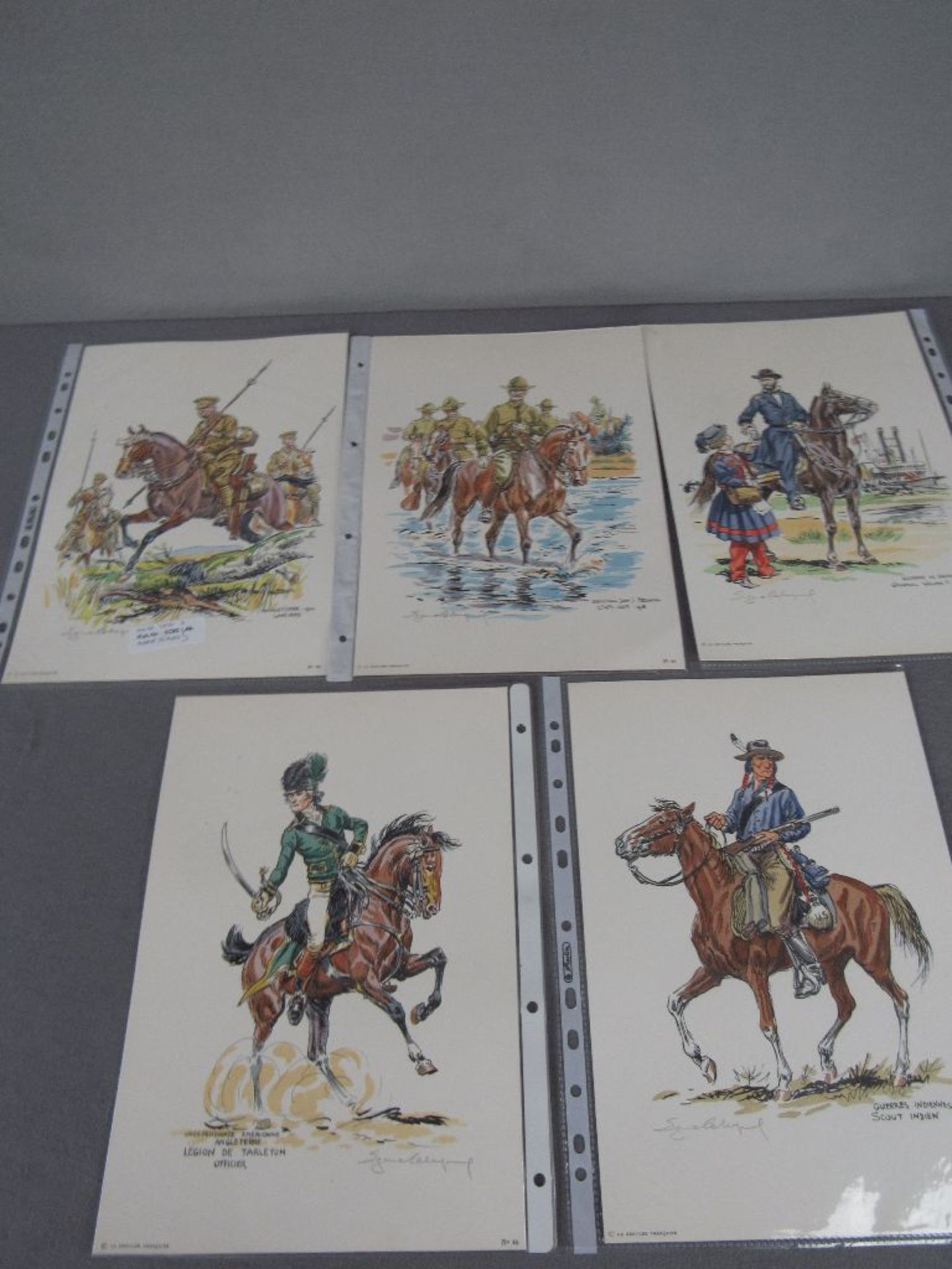 Colorierte Grafiken 5 Stück militärisch historische Darstellung mit original Bleistiftsignatur des
